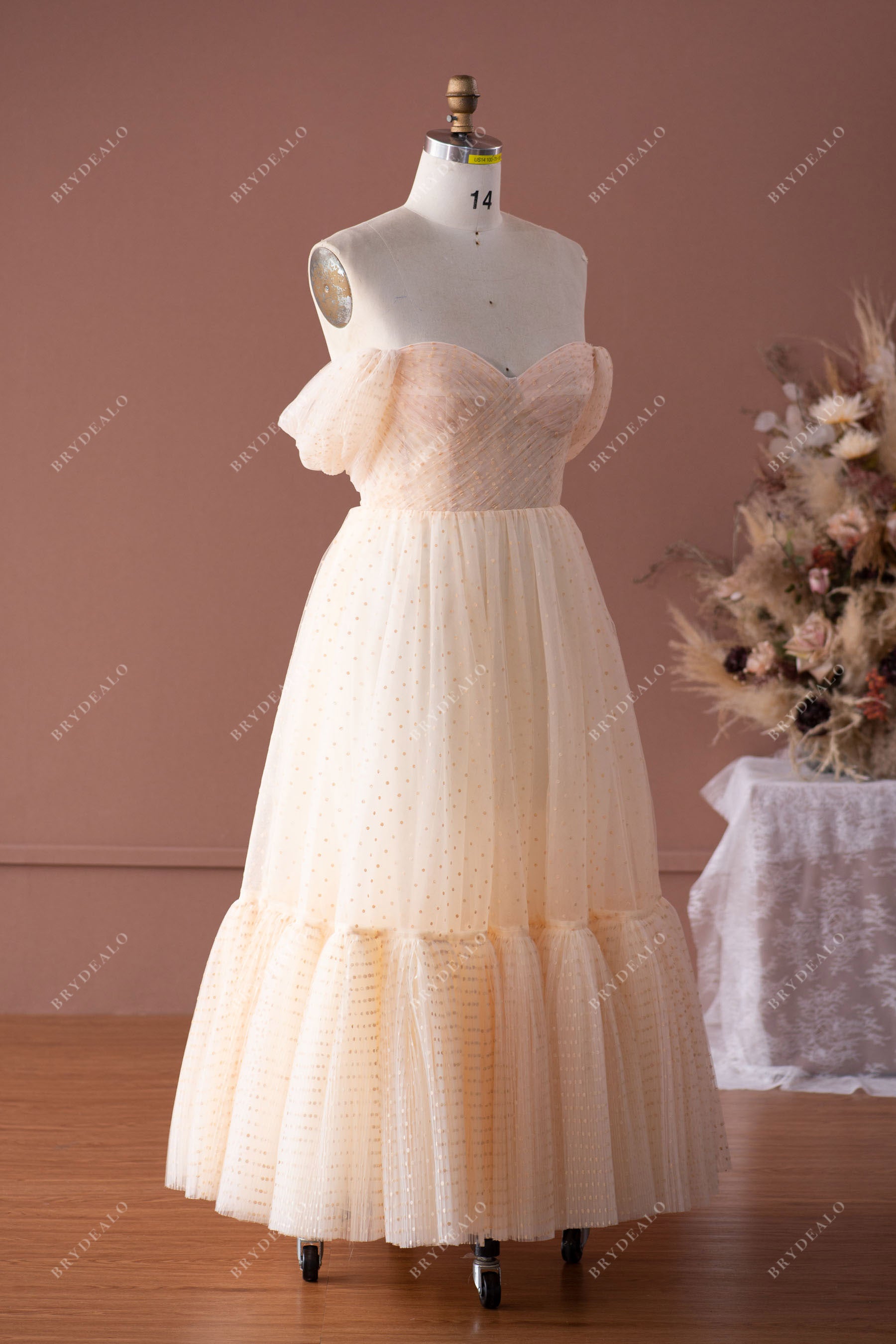 Champagne Dot Tulle Off Shoulder Tea Length Formal Dress