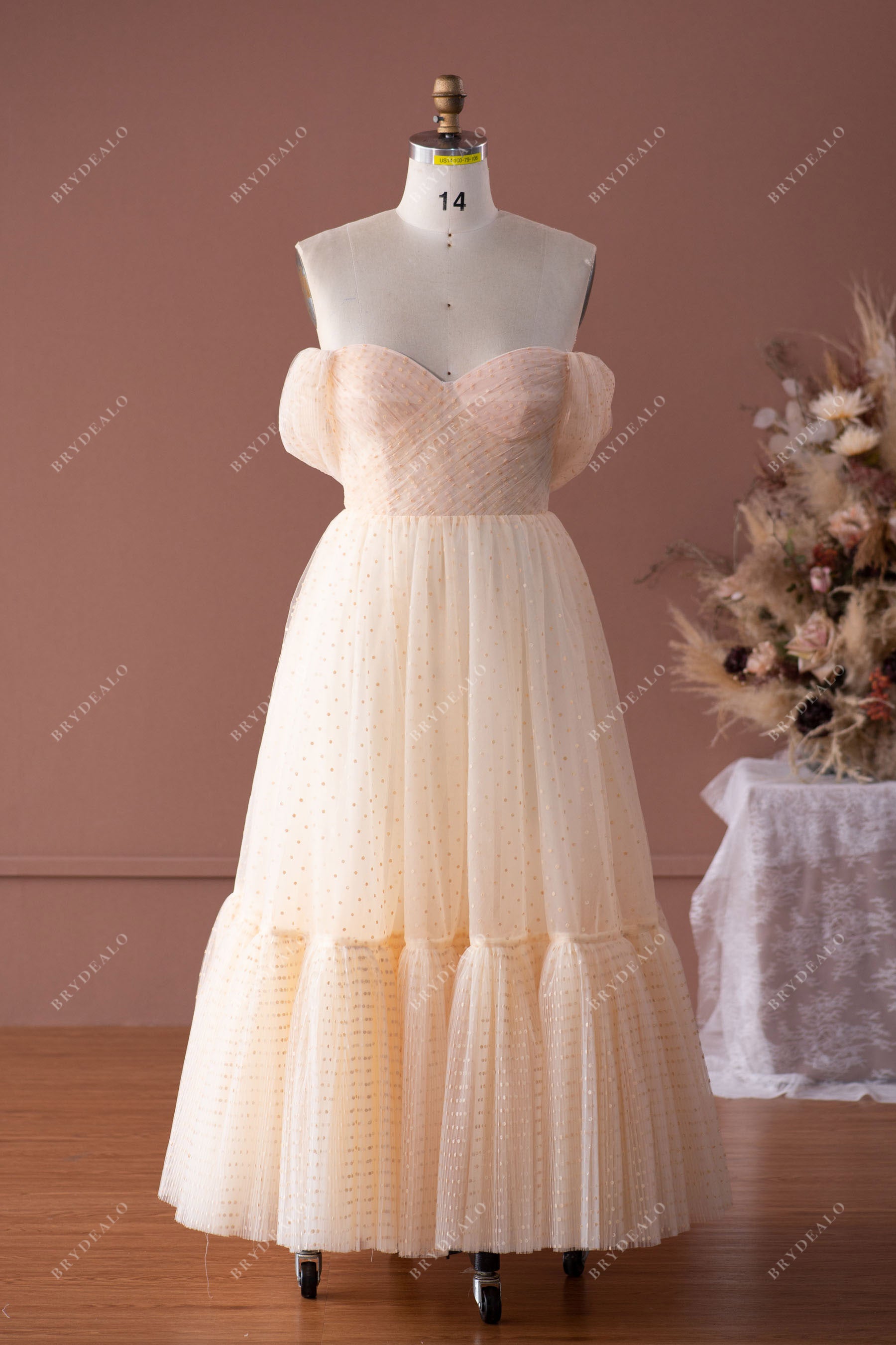 Dot Tulle Off Shoulder Tea Length Formal Dress
