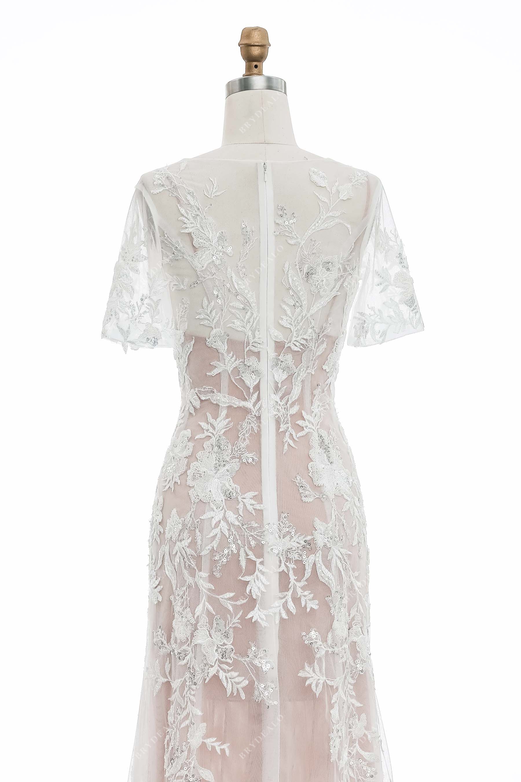 ivory lace appliques sheer short sleeves bridal gown