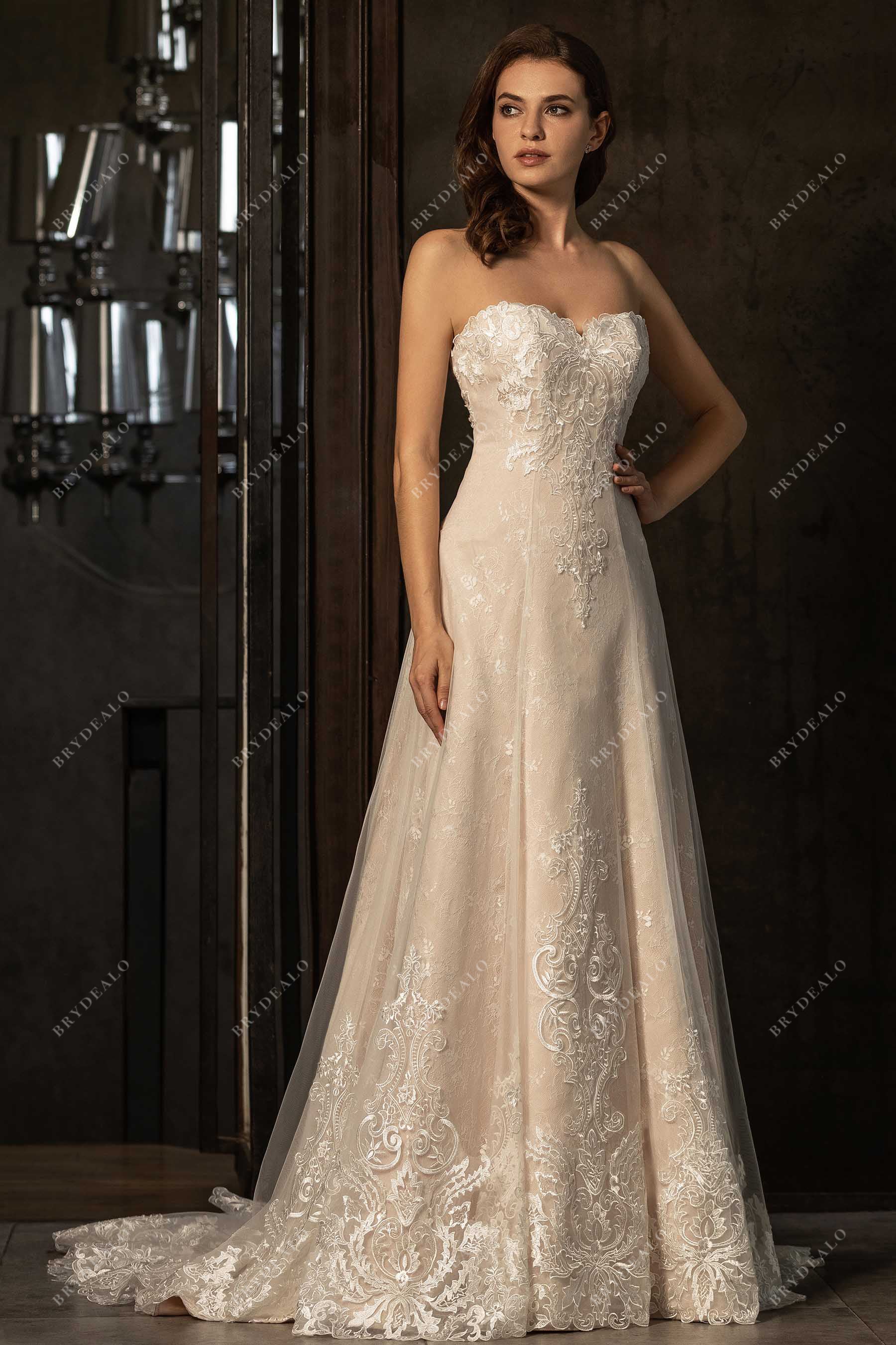 ivory lace strapless nude court train wedding train