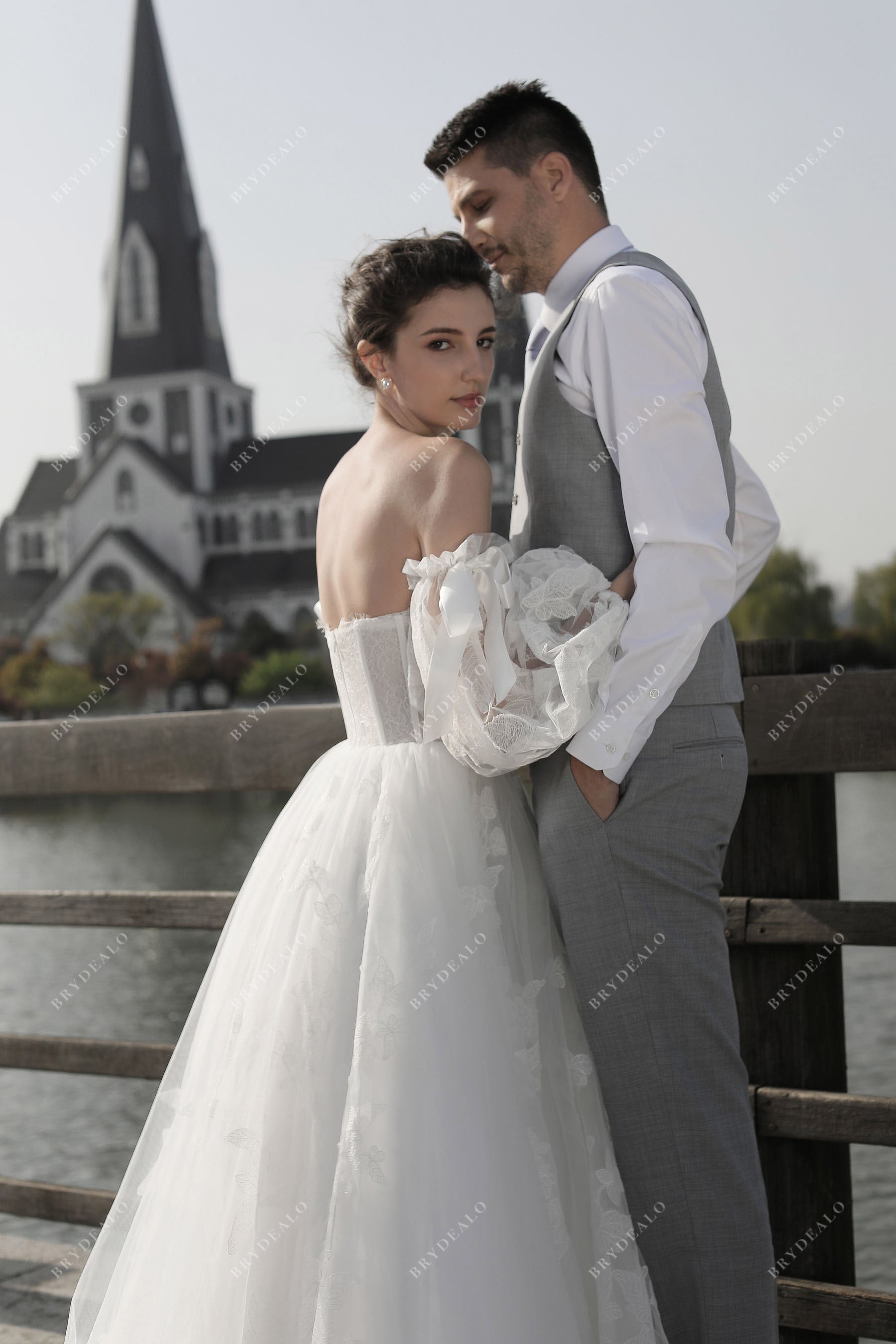 Sheer Bell Sleeve Lace Ballgown Wedding Dress