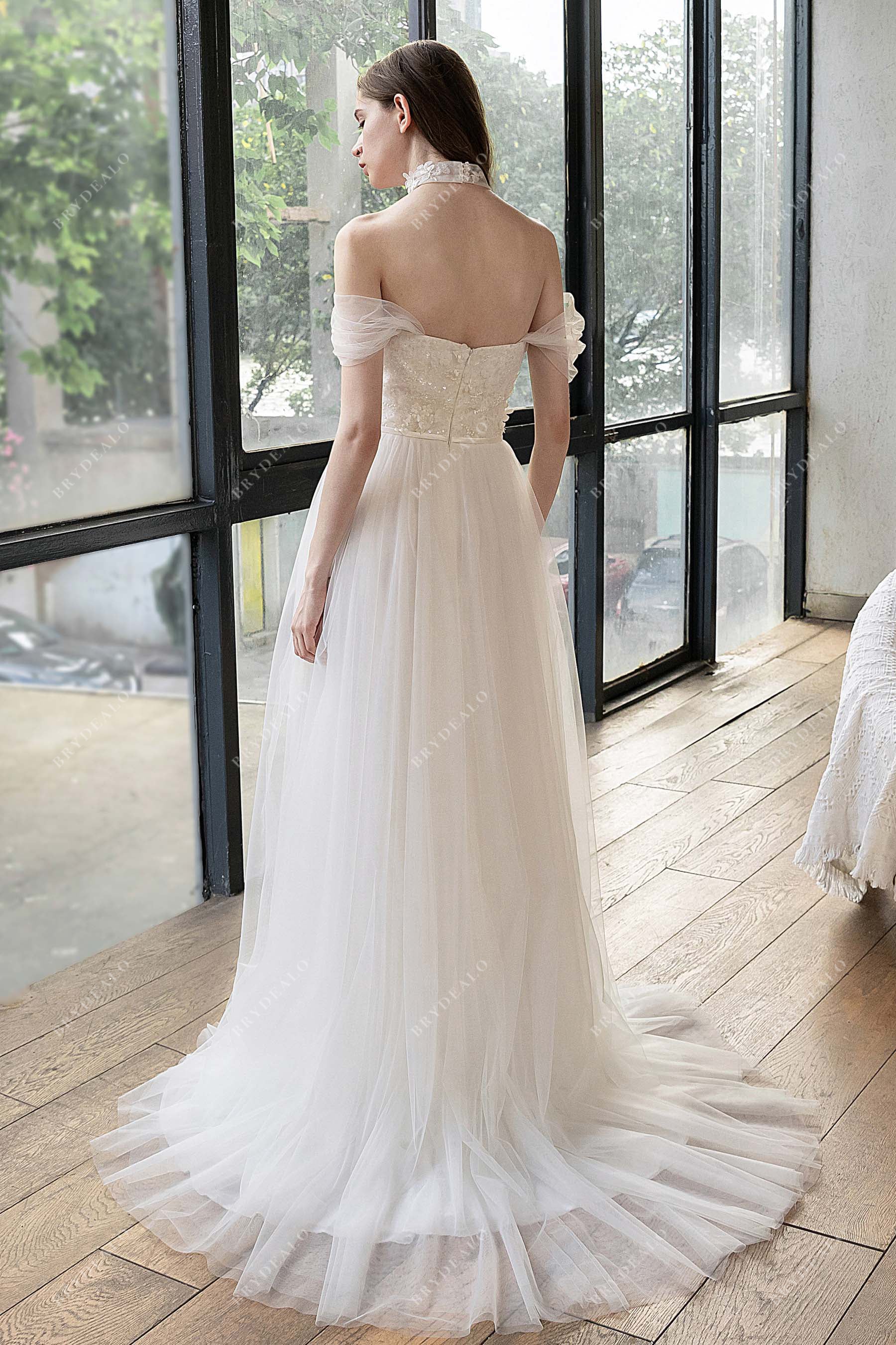 Lace Choker Neck Off-Shoulder Tulle A-line Wedding Dress