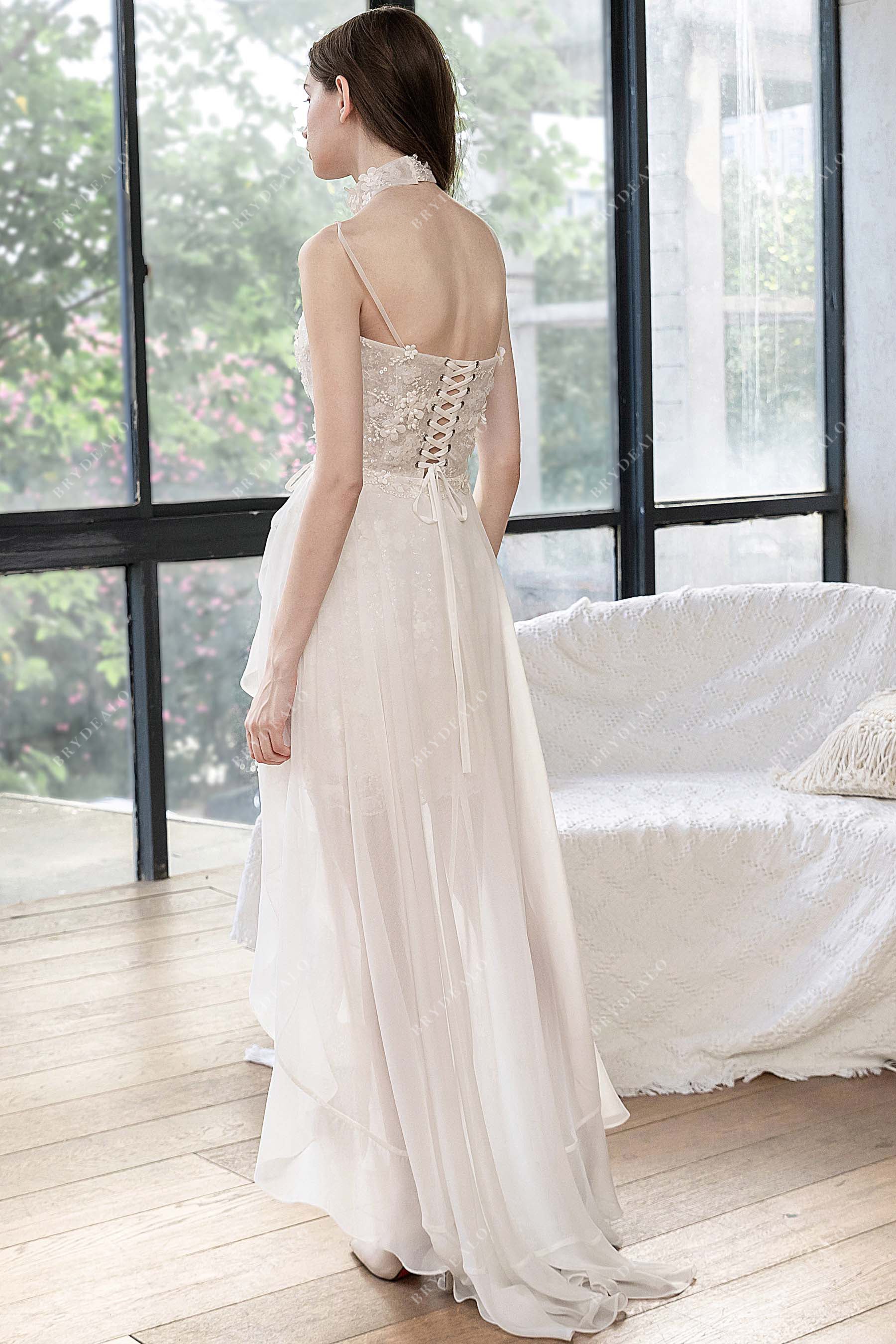 lace corset flower choker neck chiffon overskirt wedding gown