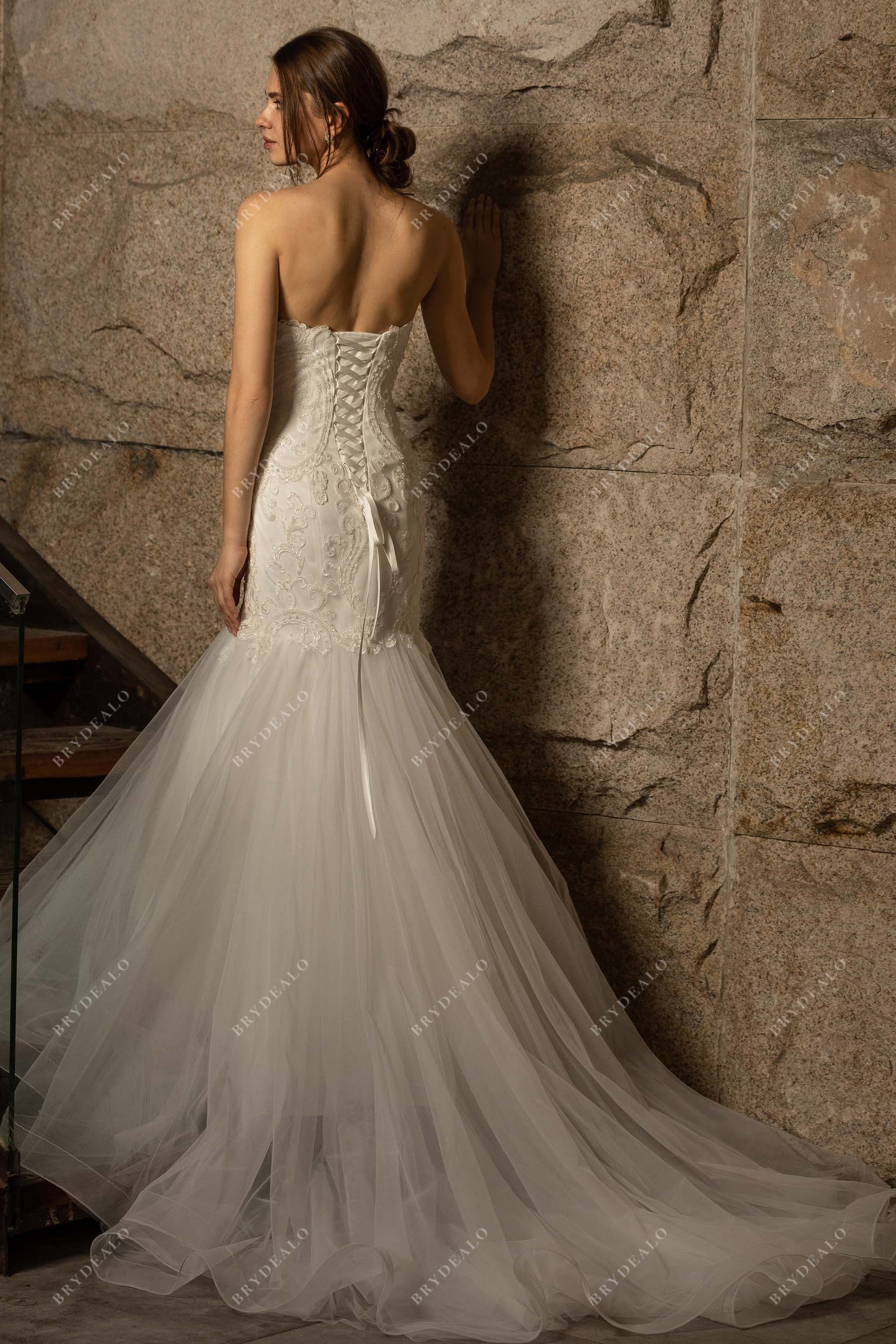 lace corset tulle trumpet wedding dress