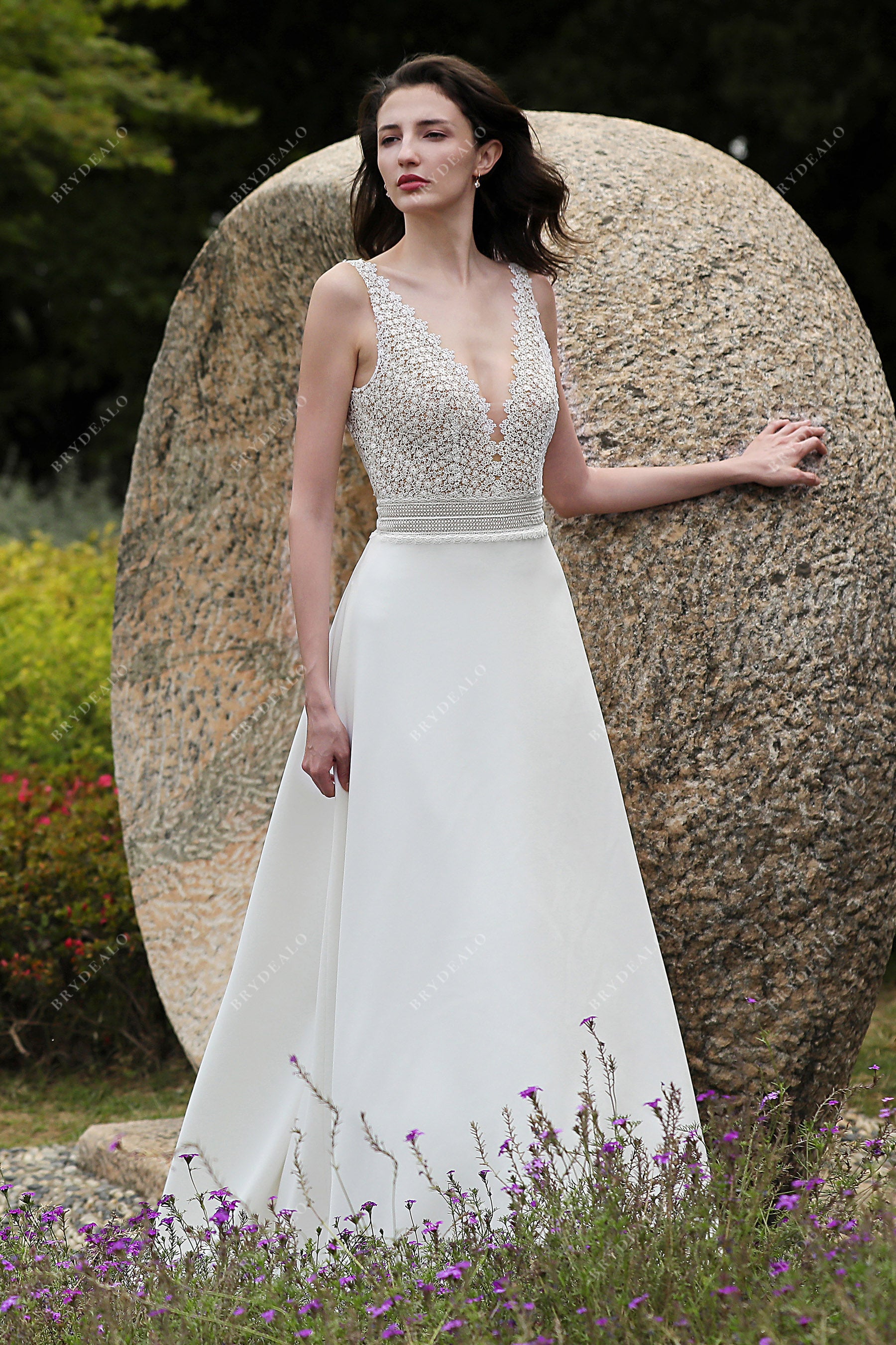 Elegant Straps Lace Crepe A-line Wedding Dress for Wholesale