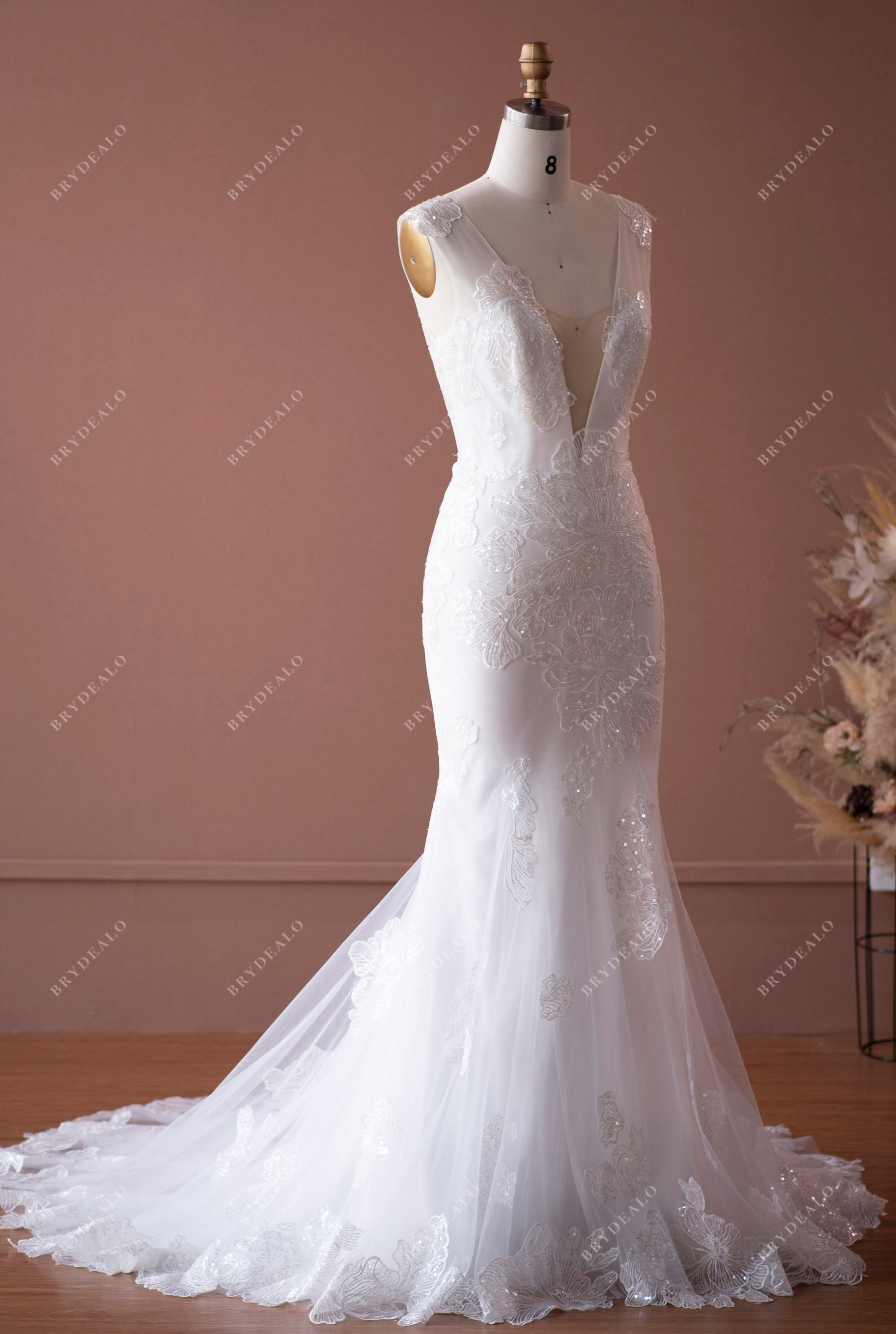 Light Ivory Lace Plunging Bridal Dress
