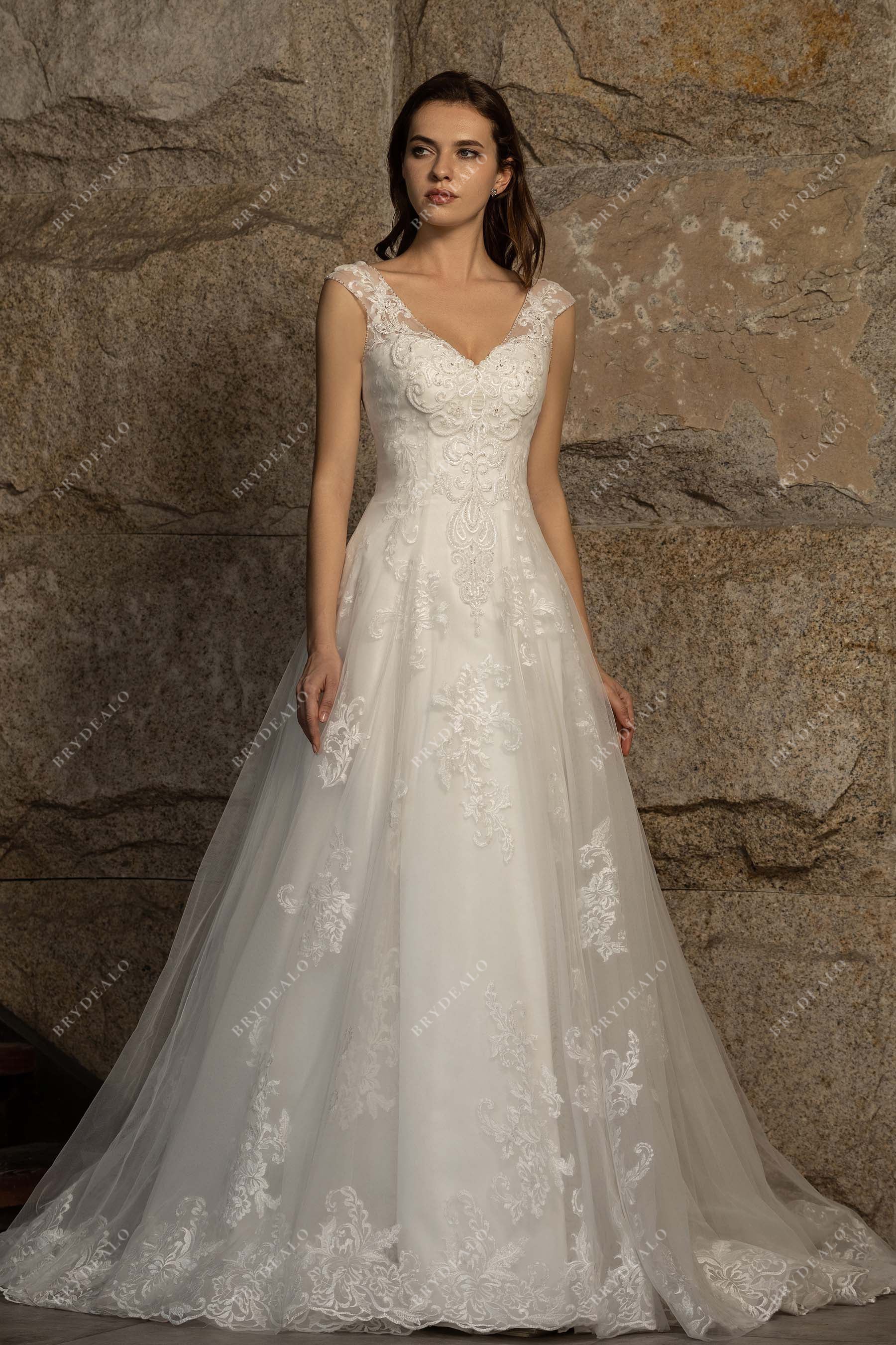 light ivory beaded cap sleeve lace tulle wedding dress