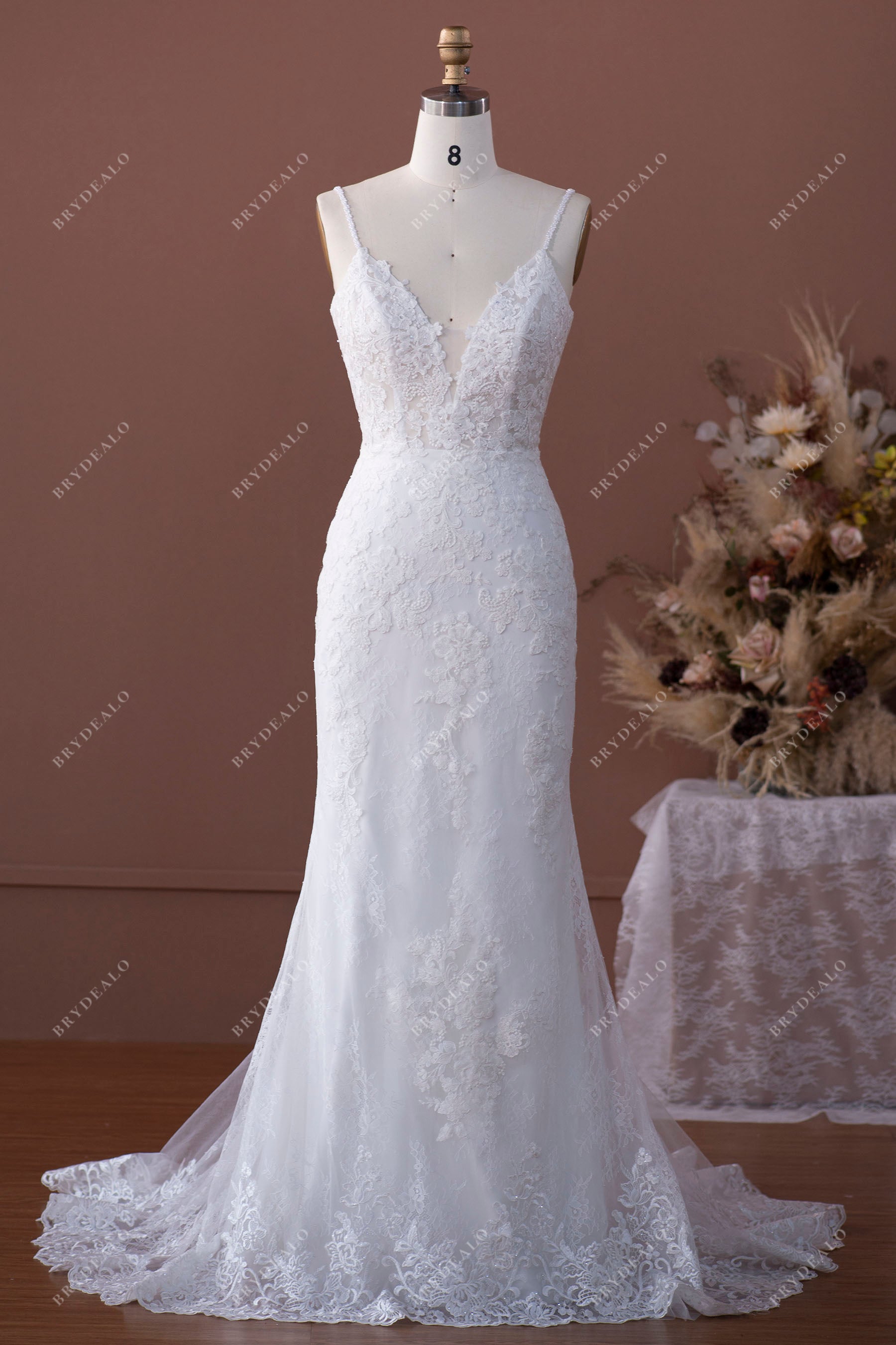 light ivory beaded thin straps plunging neck lace gown
