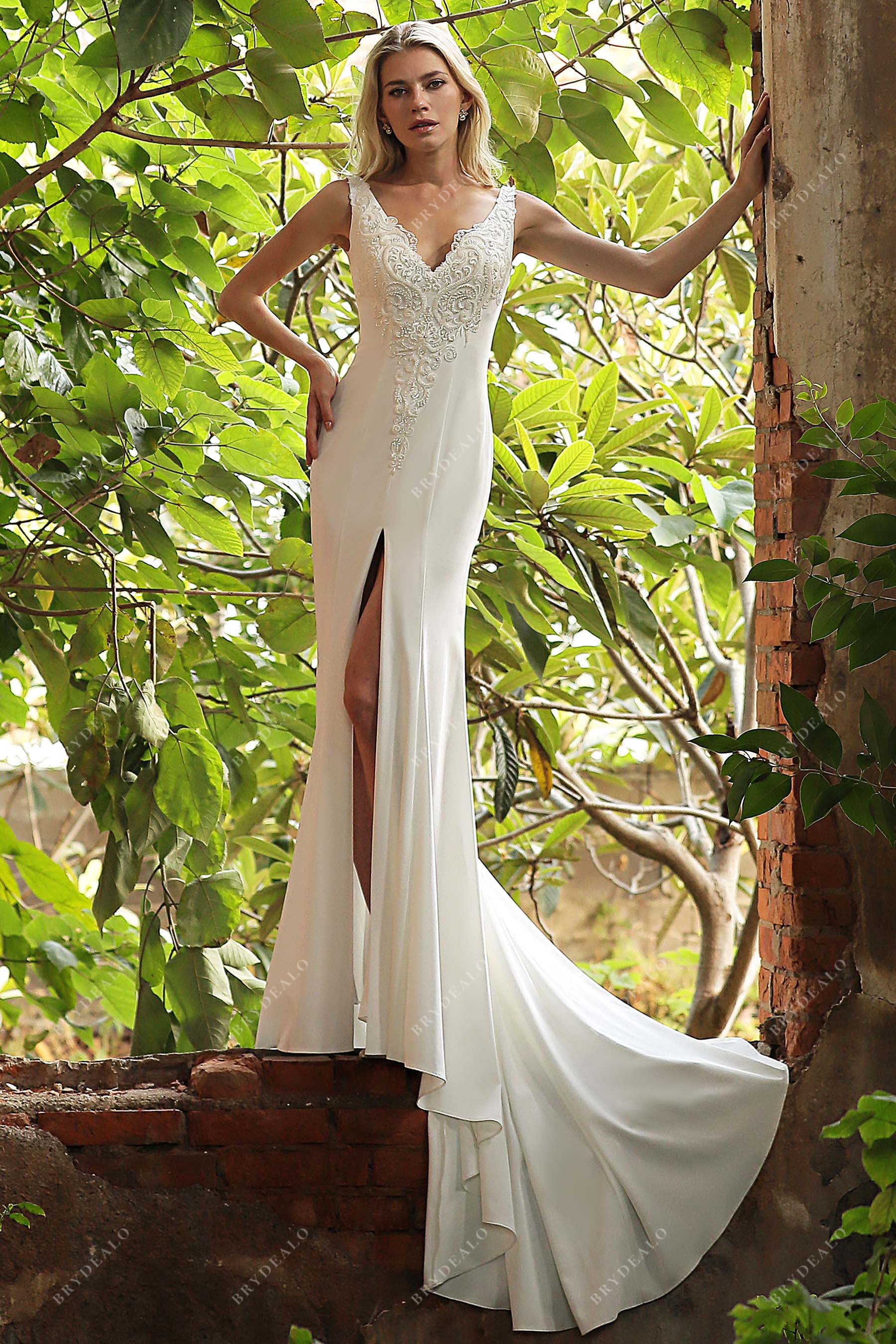 Sample Sale | Beaded Lace Strap V Neckline High Slit Wedding Gown