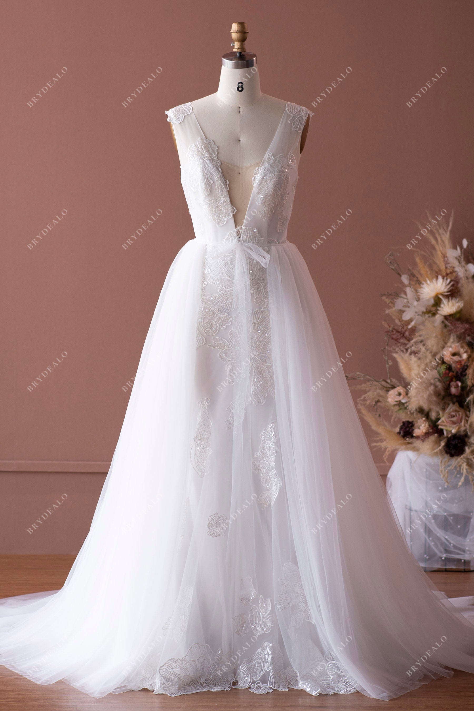 Light Ivory Lace Plunging Bridal Gown with Detachable Overskirt