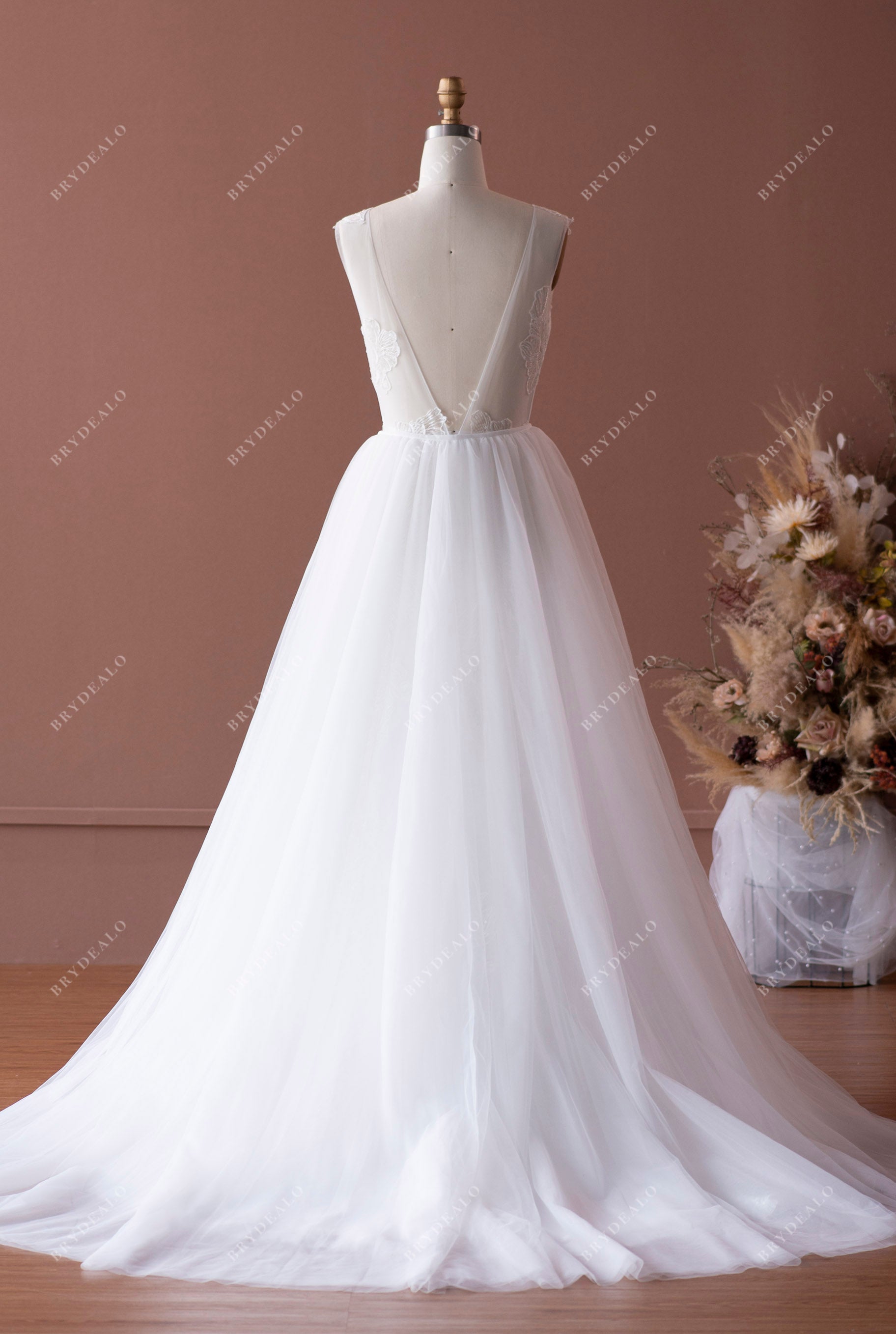 Light Ivory Lace Plunging Bridal Gown with Detachable Long Overskirt