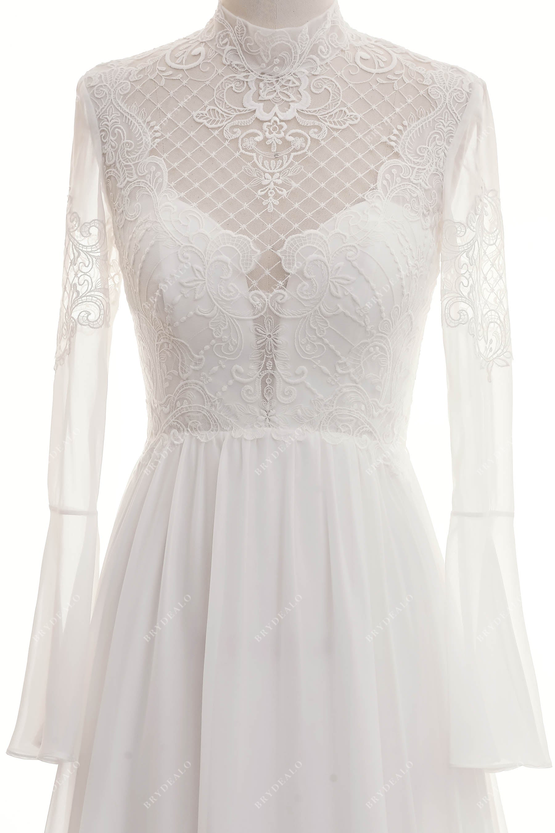 long bell sleeve high neck lace wedding gown