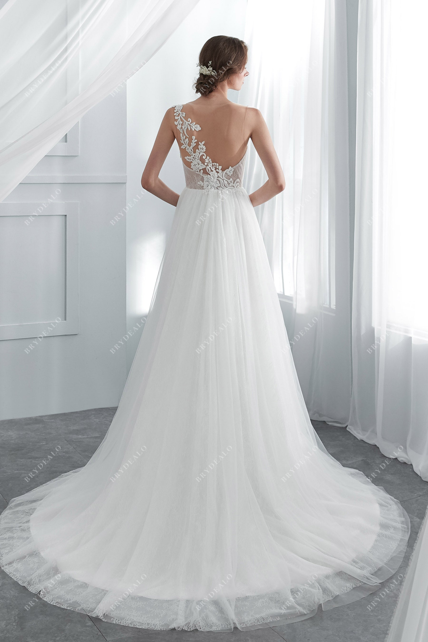 Designer Beaded Lace Illusion A-line Bridal Gown for Wholesale