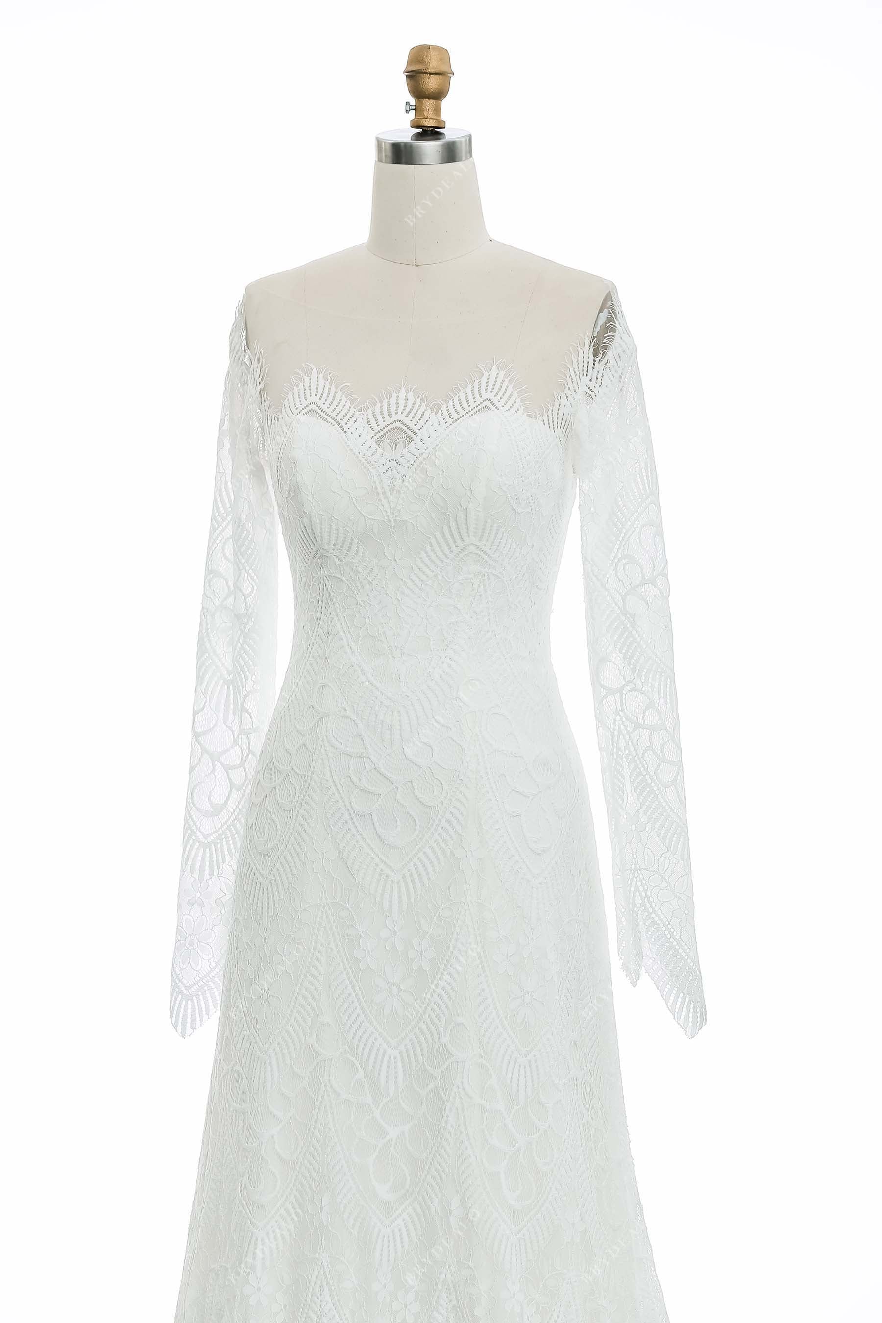 Long Sleeve Illusion Neck Scallop Lace Bridal Gown