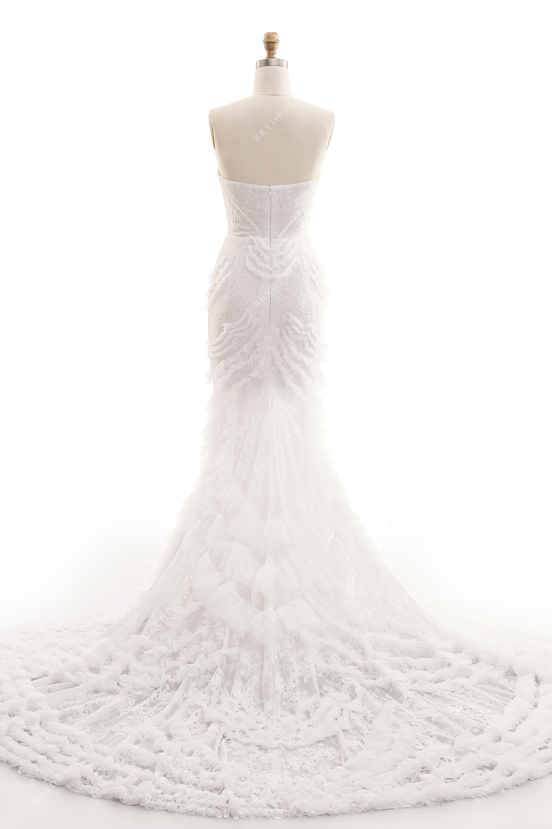 Long Train Ruffled Tulle Strapless Lace Mermaid-Wedding Dress