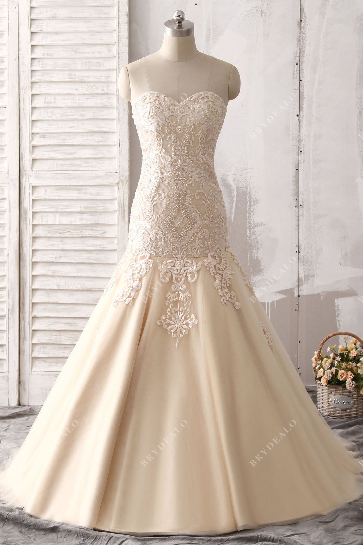 luxury beaded champagne trumpet wedding dress for wholesale