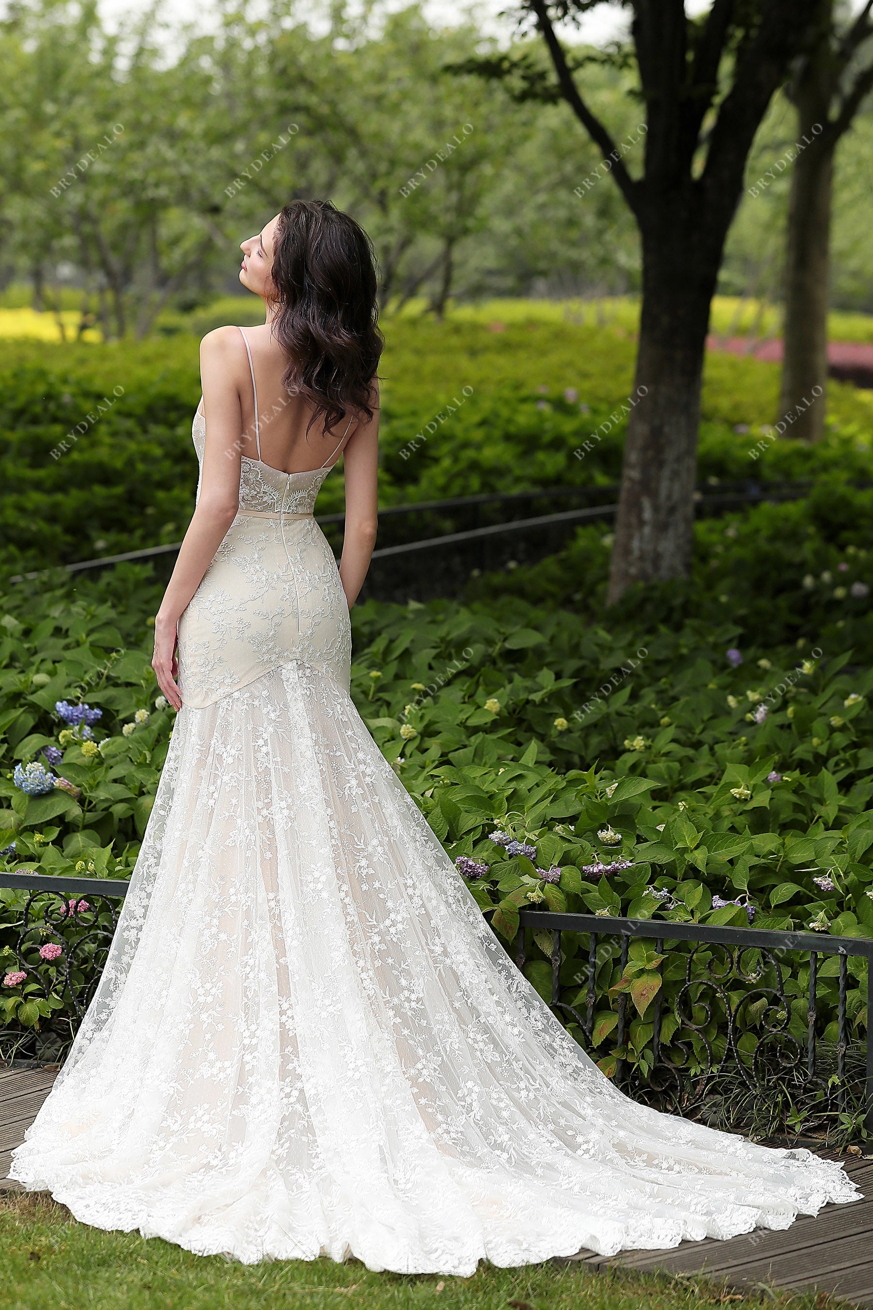 mermaid floral lace open back wedding dress