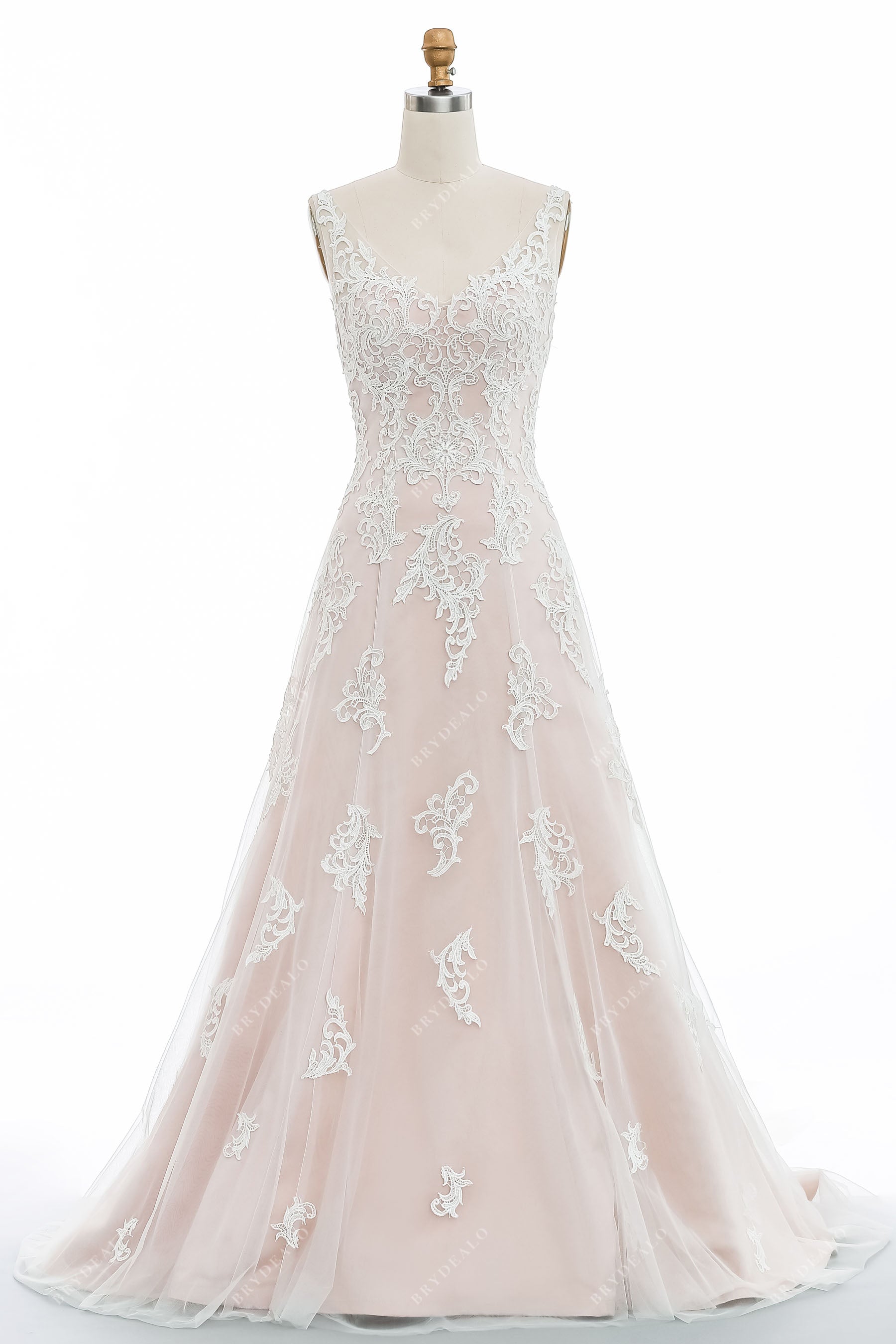 Nude Romantic Strap V-neck Fit-and-Flare Lace Bridal Gown