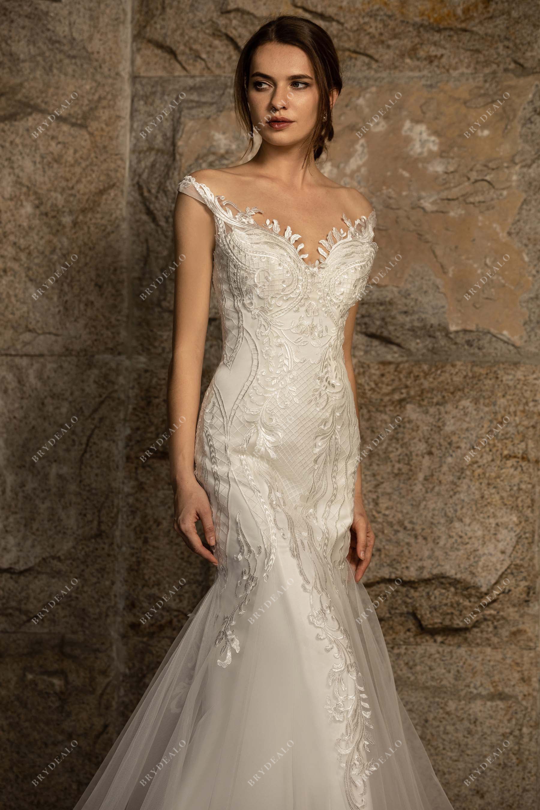 off-shoulder beaded lace tulle wedding dress