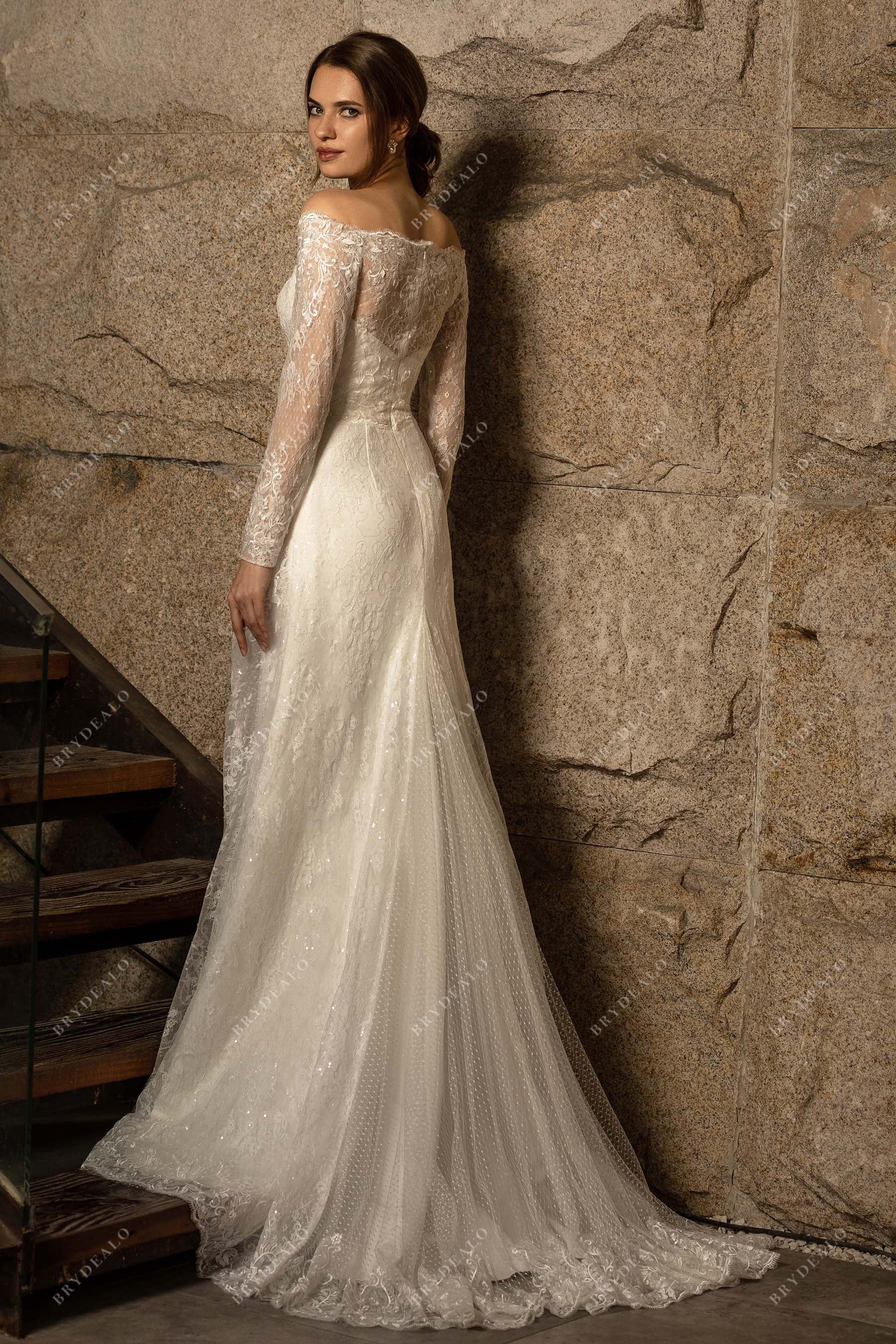off-shoulder long sleeve lace mermaid wedding dress