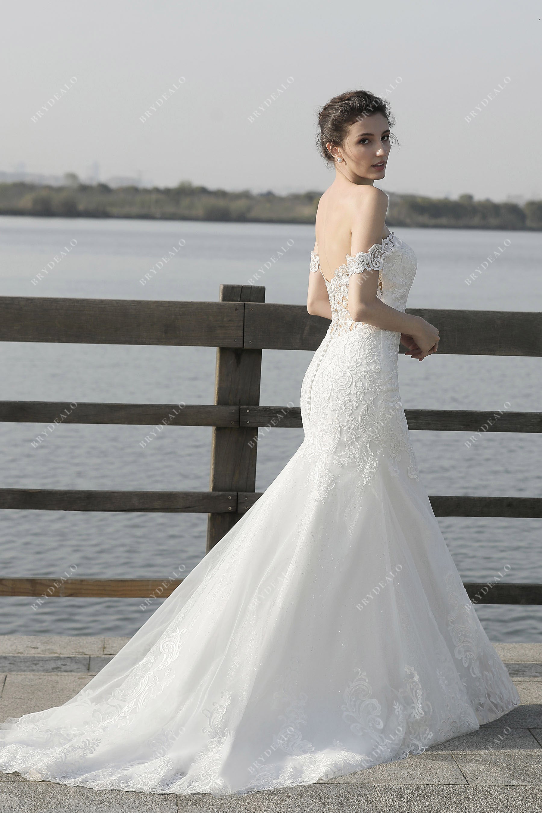 mermaid lace tulle off shoulder bridal gown