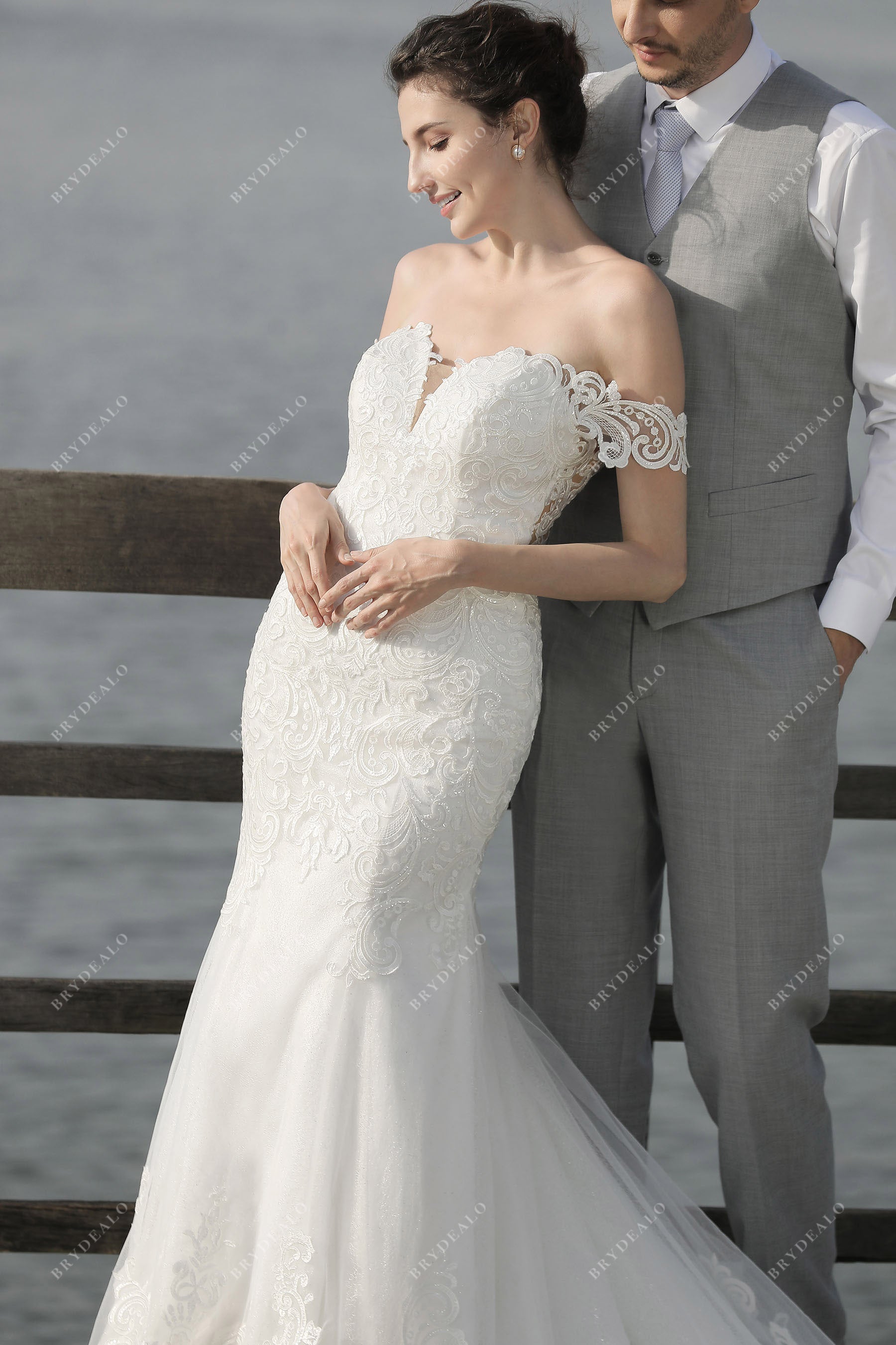 off shoulder lace private label wedding dress