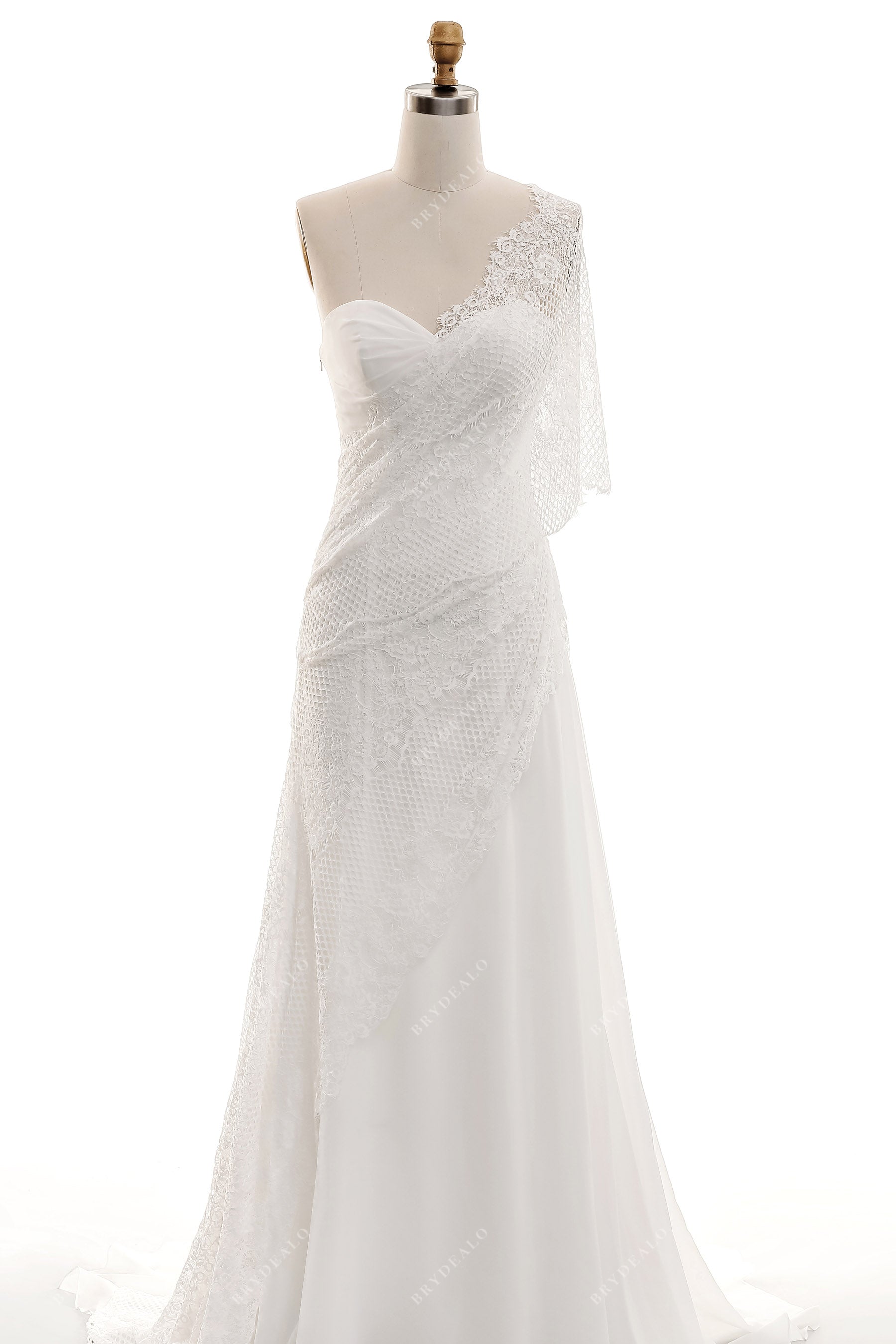 one shoulder grecian lace chiffon asymmetric wedding dress