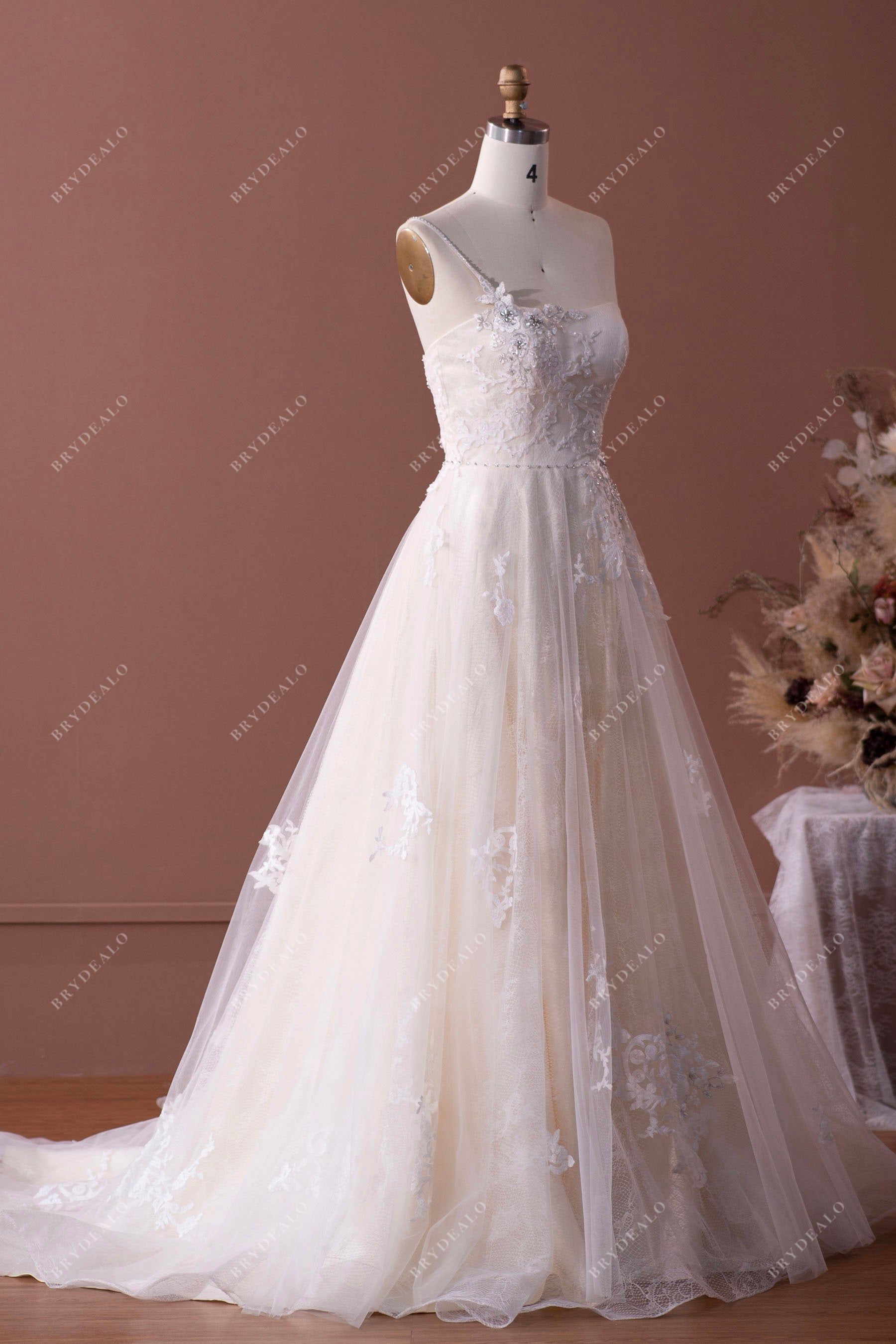 Wholesale Beaded One Shoulder Lace Tulle Long A-line Wedding Dress