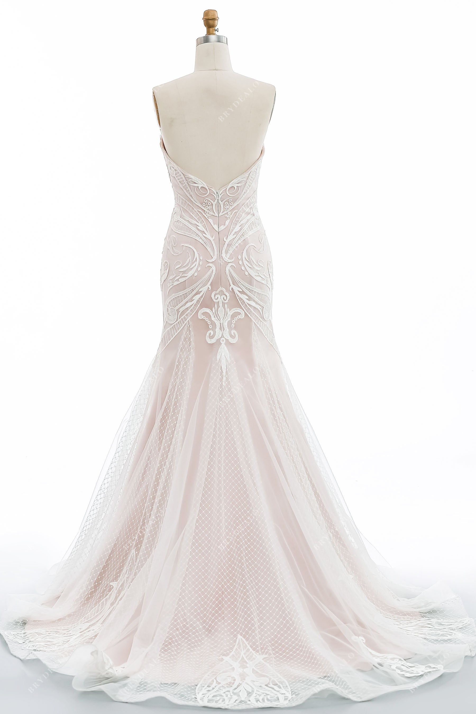 open back chapel train pearl pink strapless fit and flare tulle bridal gown