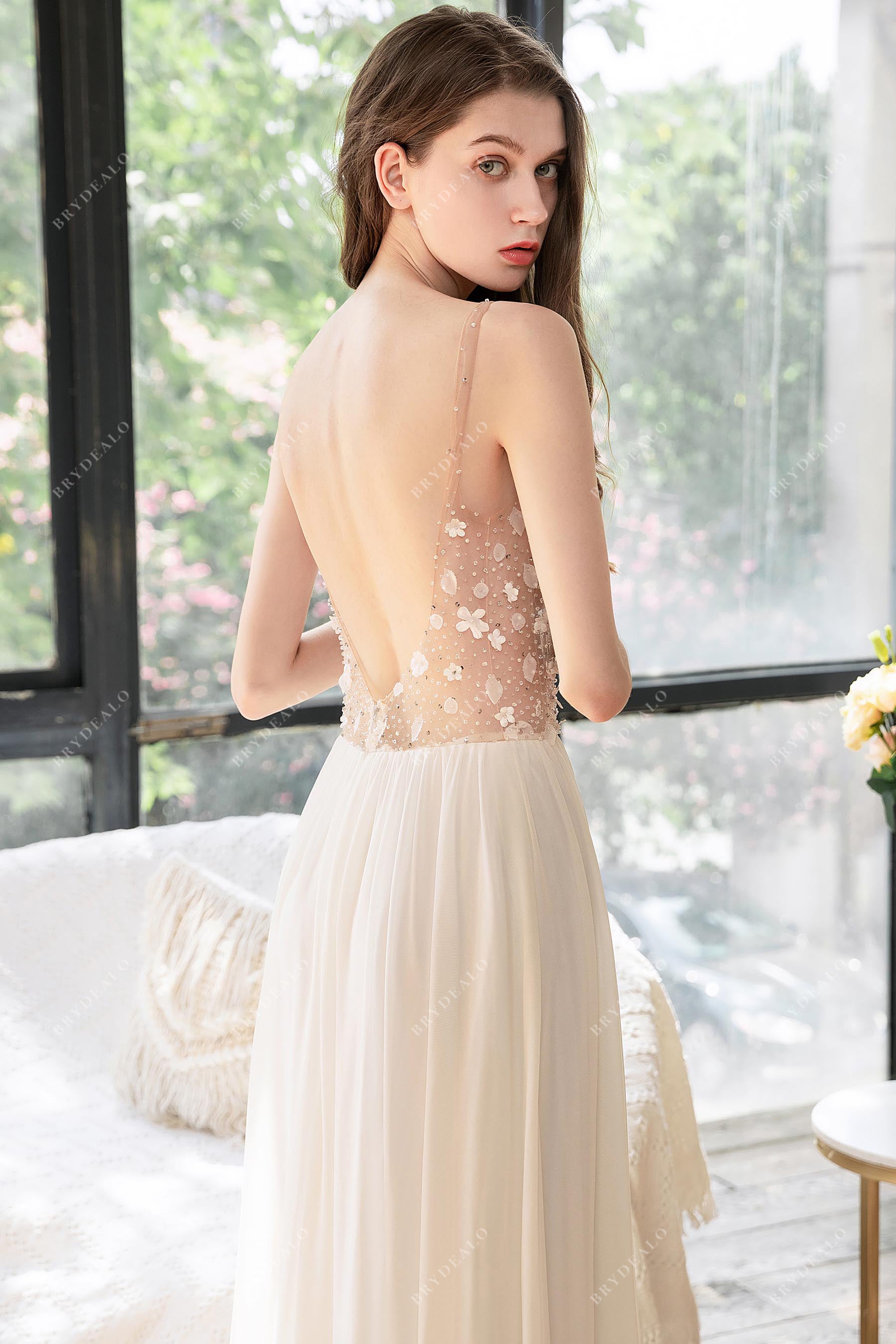 open back illusion flower crystals bridal dress