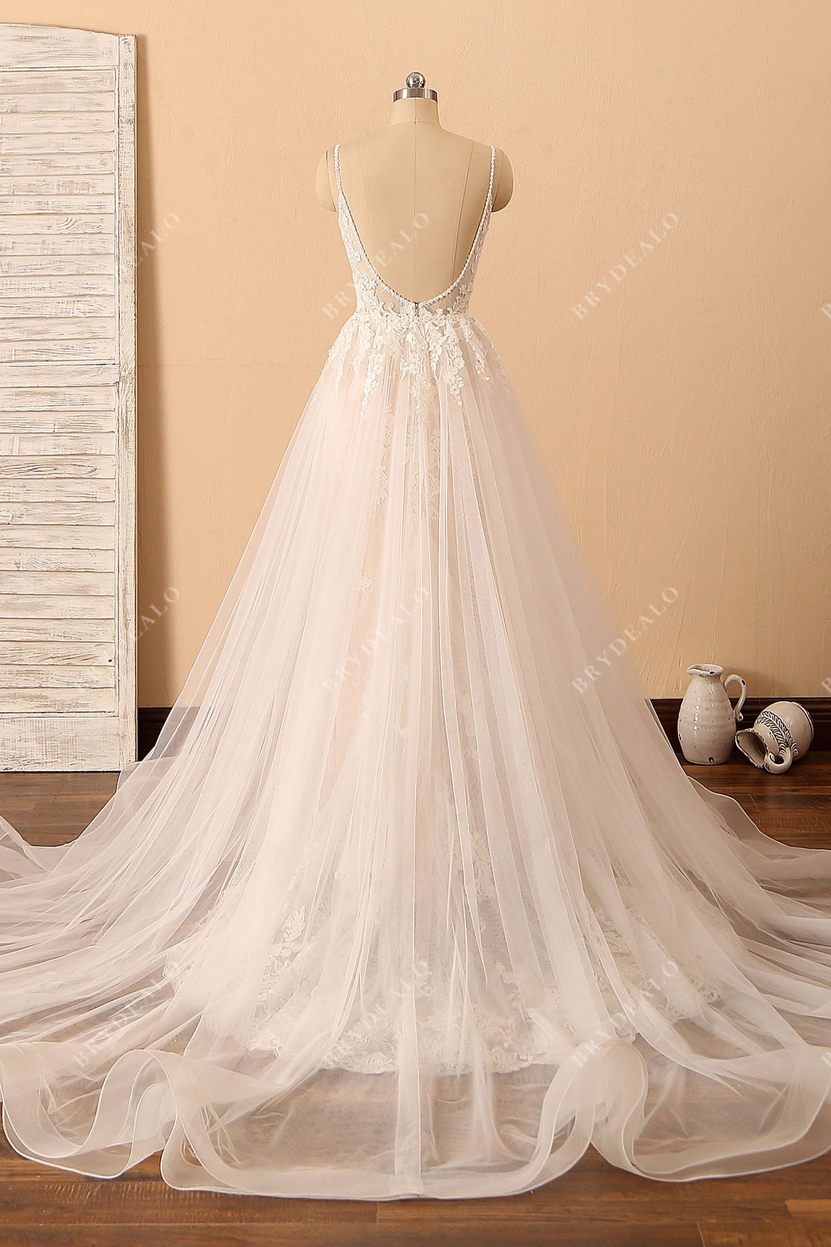 open back ivory tulle A-line wedding dress