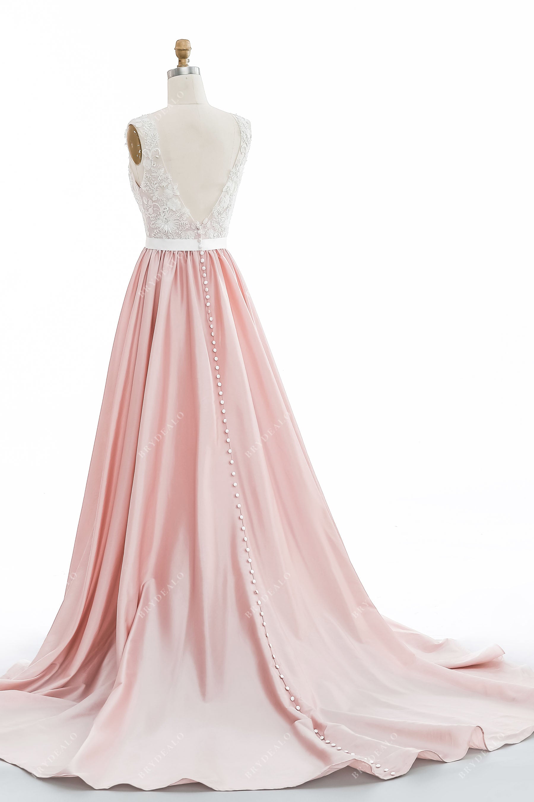 open V-back ivory lace court train pink taffeta wedding dress