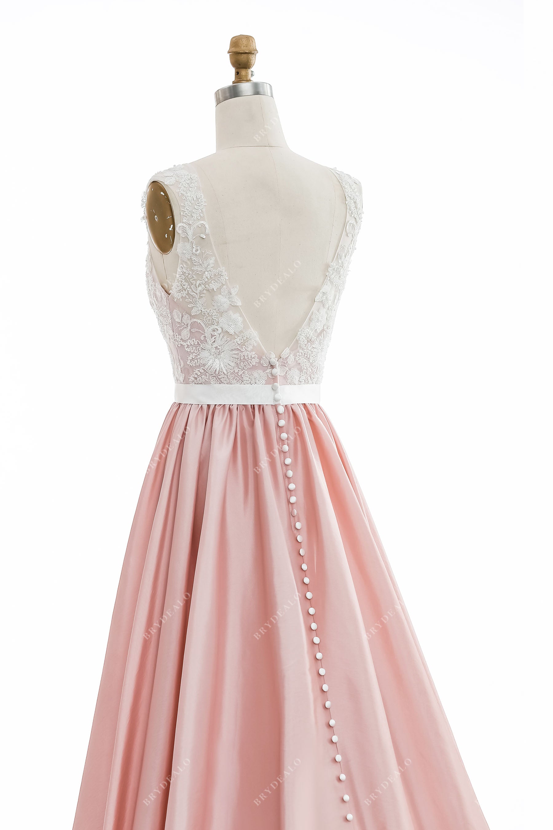 open V-back ivory lace pink taffeta bridal dress