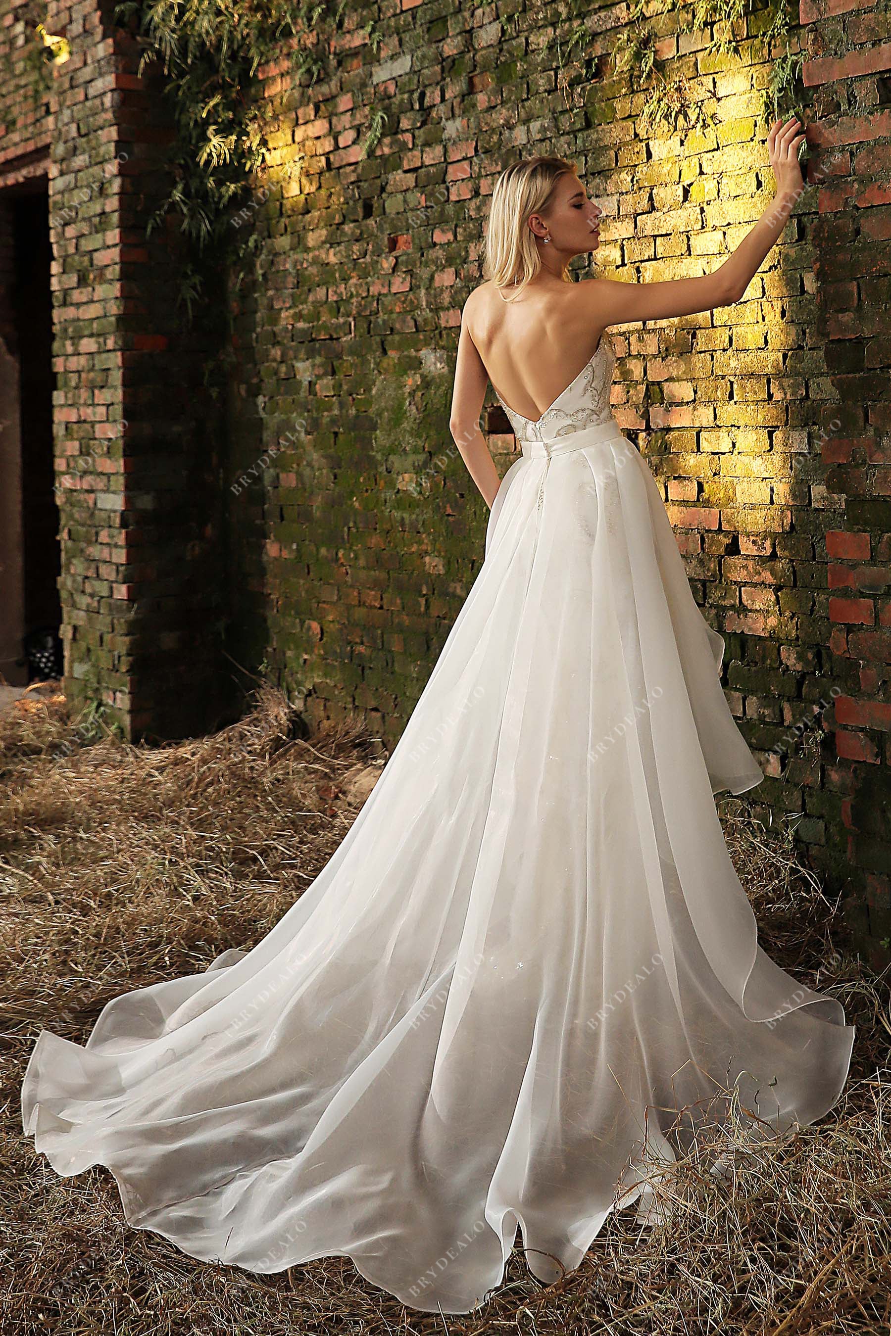 organza overskirt beaded lace strapless wedding dress