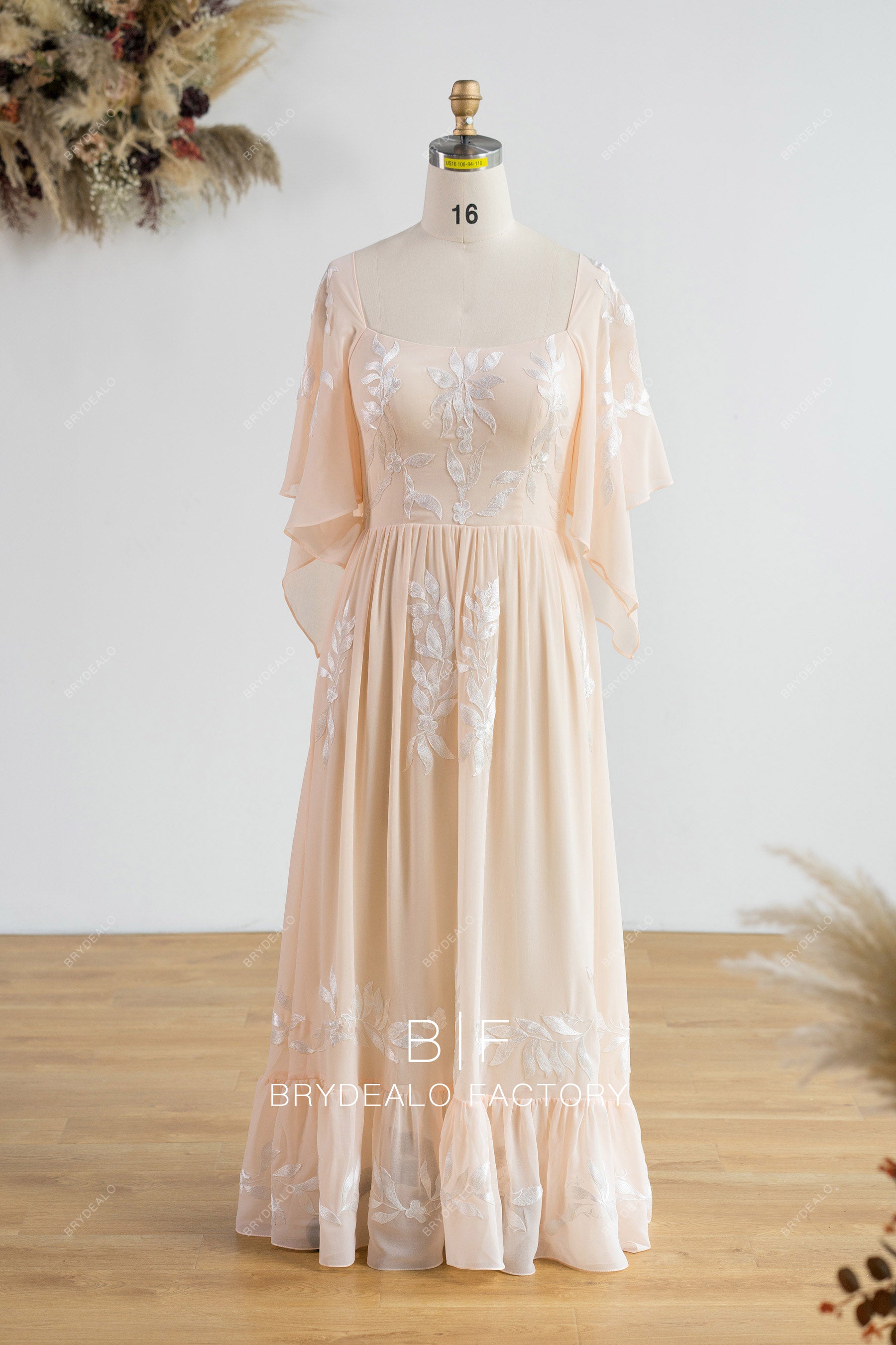 peach pink chiffon flutter sleeve bridesmaid gown