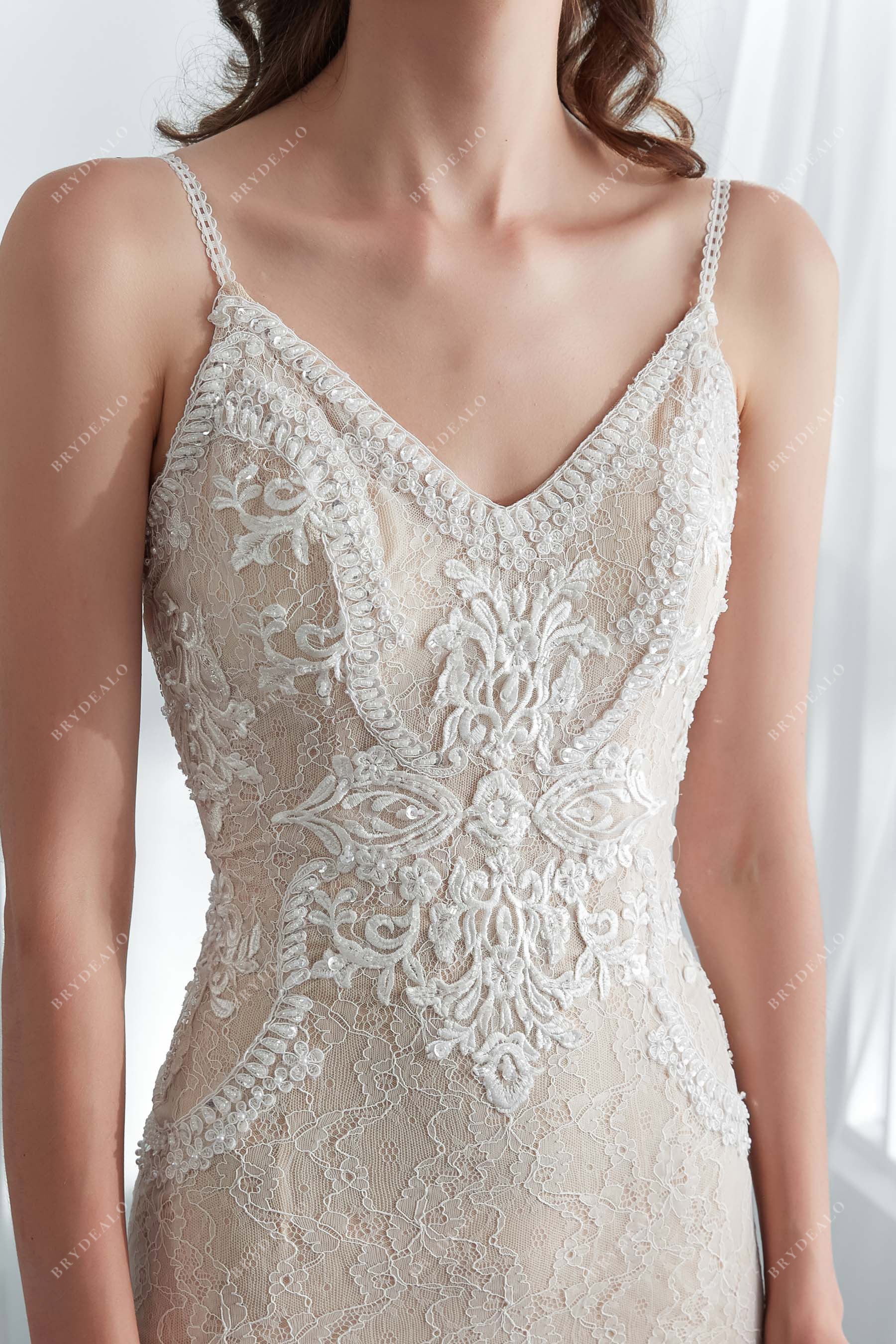Beaded Lace Champagne Mermaid Modern Bridal Gown Online