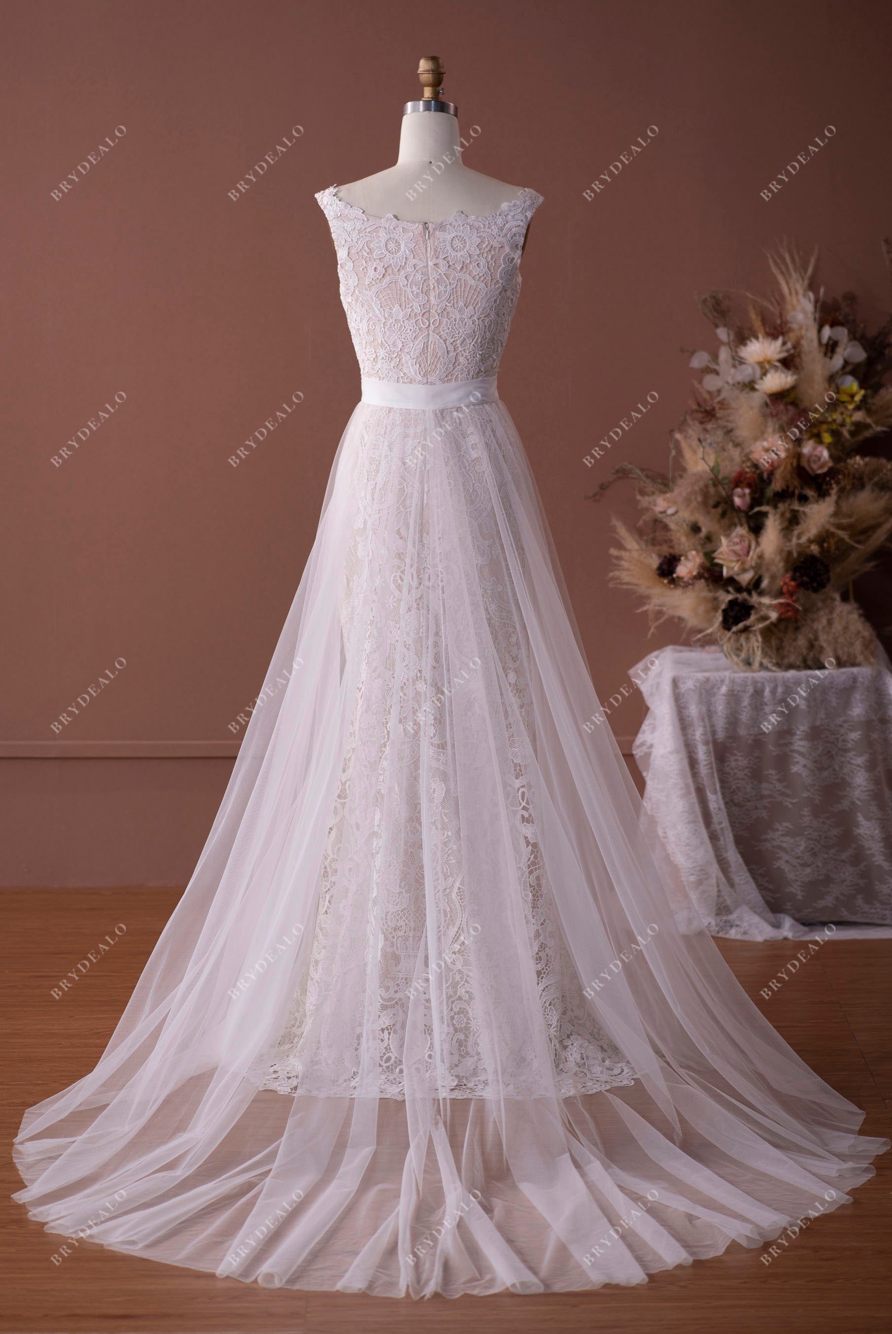 Lace Mermaid Wedding Dress with Detachable Tulle Overskirt