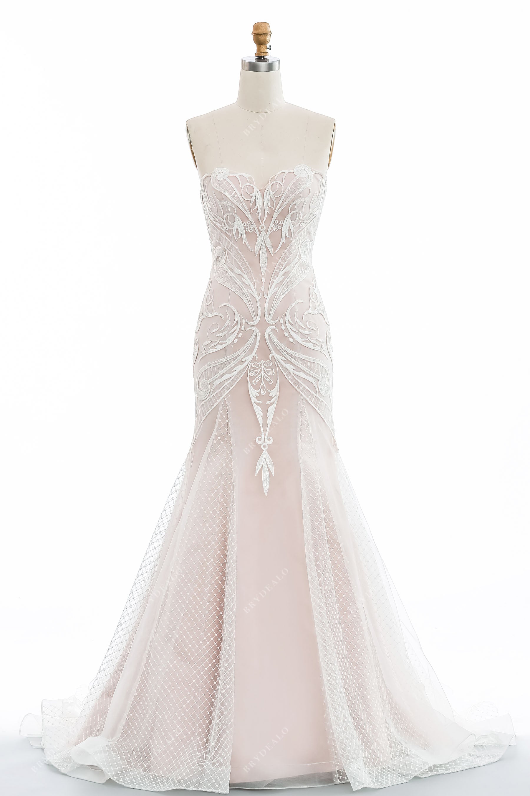 pearl pink strapless sweetheart fit and flare bridal gown