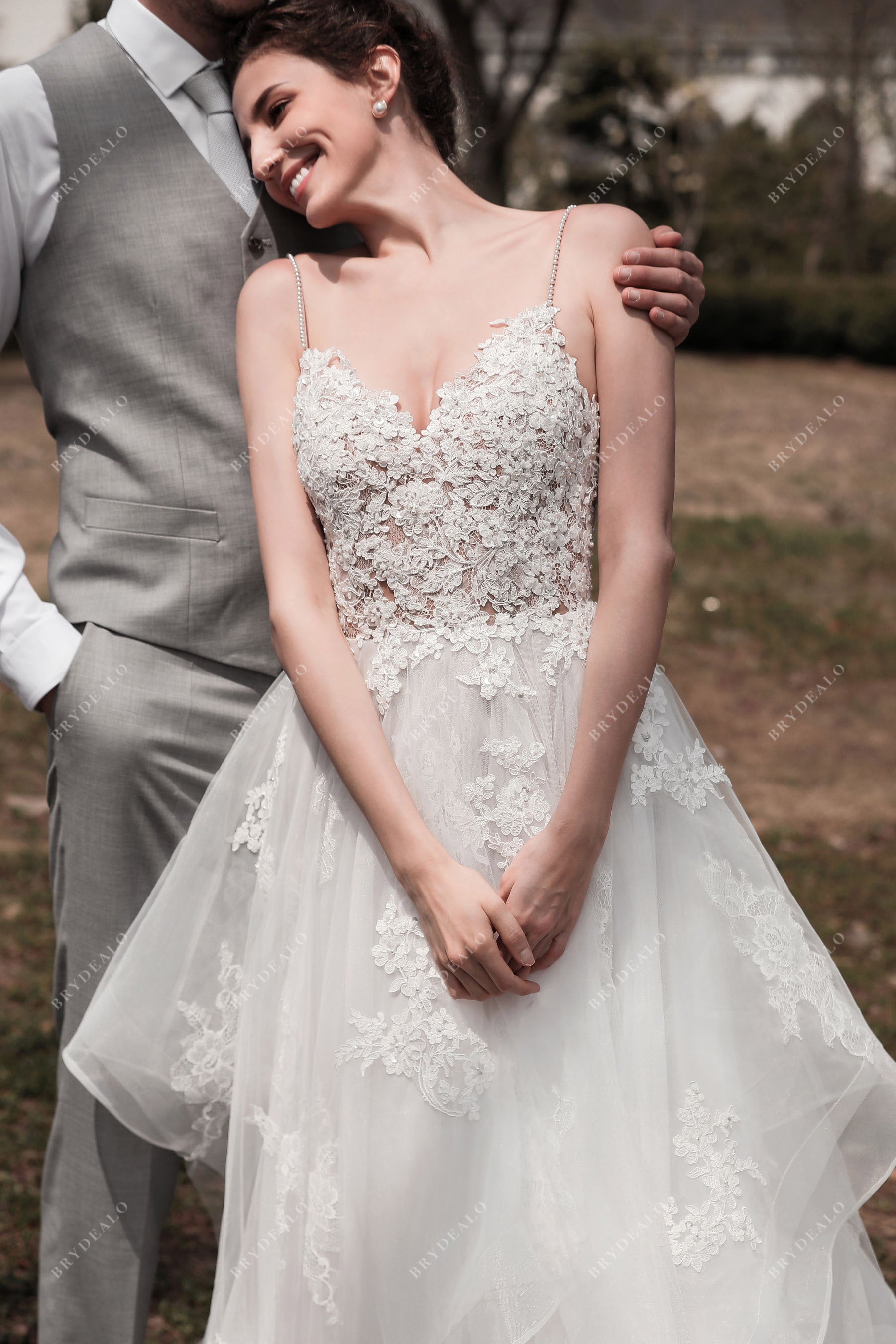 pearl straps lace puffy wedding gown