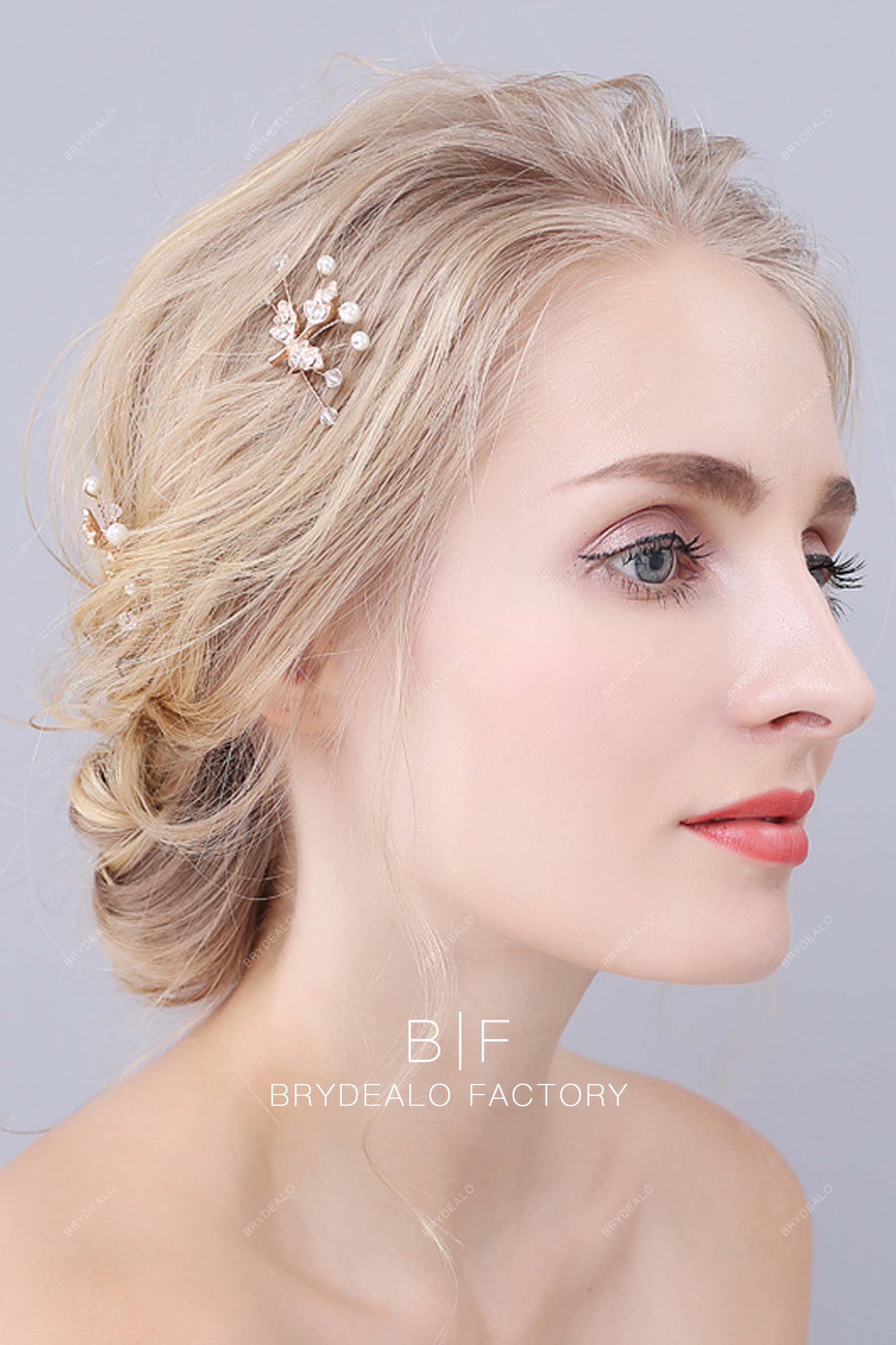 Pearls Rhinestones Leaf Gold Metal Bridal Hair Pins For Wholesale