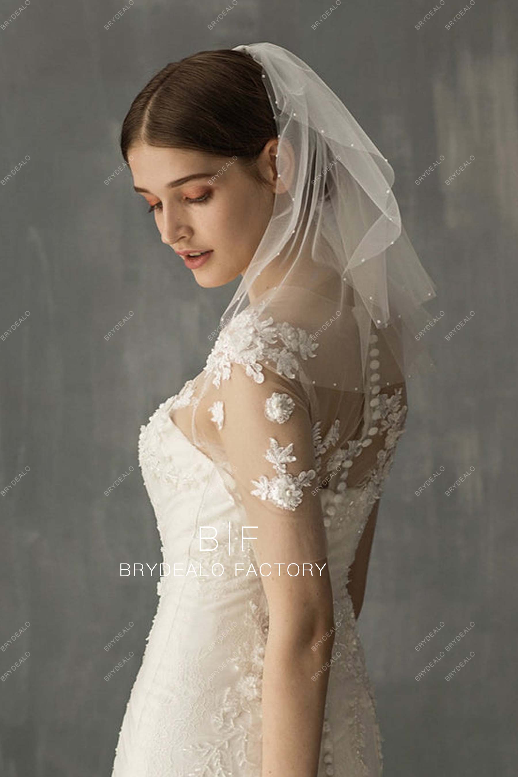 pearls shoulder length wedding veil short tulle bridal headpiece