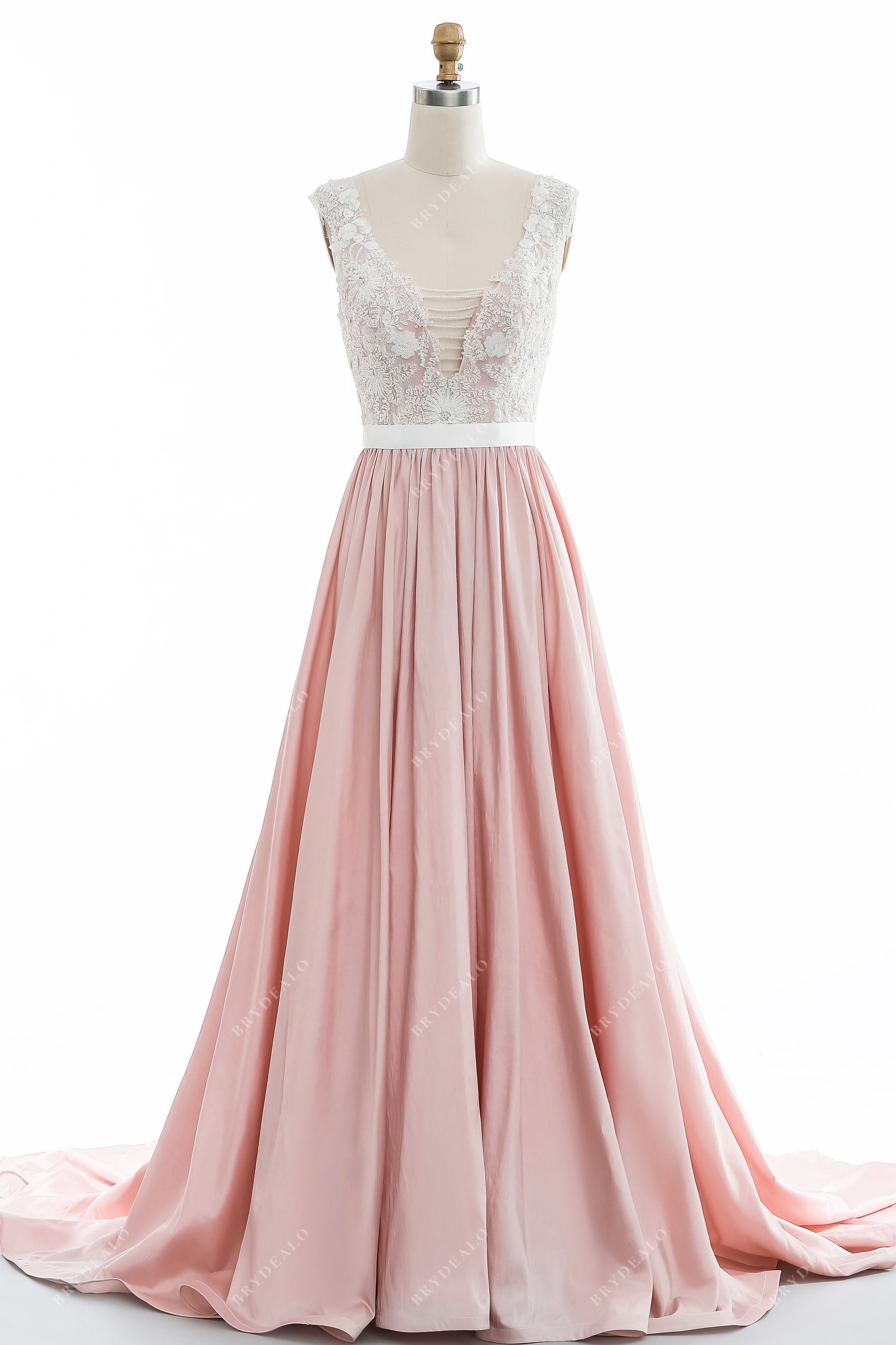 pink plunging V-neck lace taffeta wedding gown