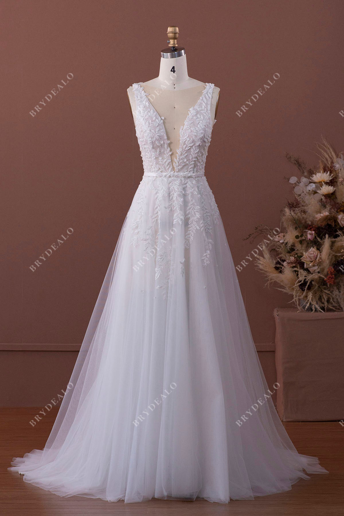 long tulle lace plunging bridal gown