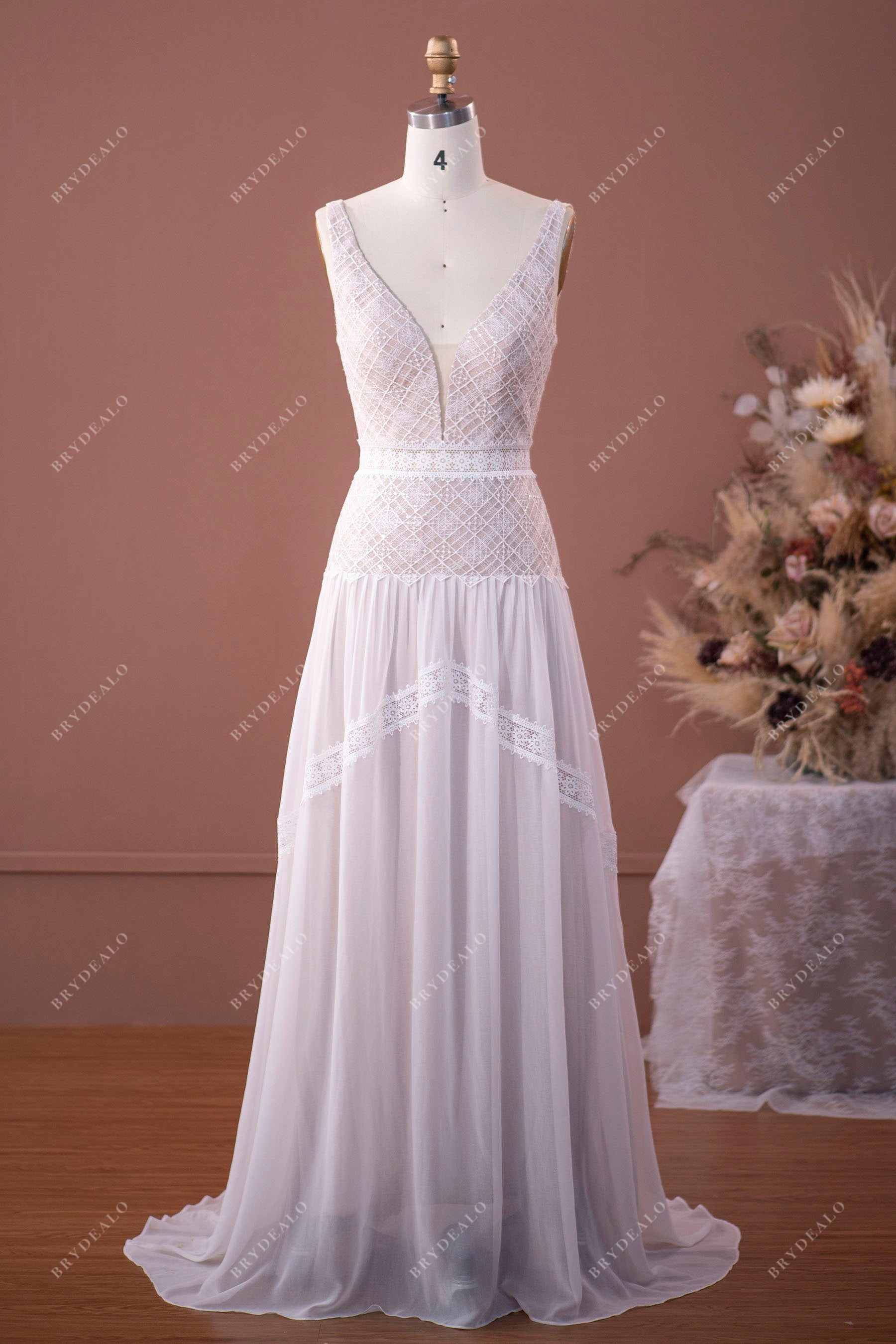 Strap Plunging Flowy Chiffon Boho Wedding Dress