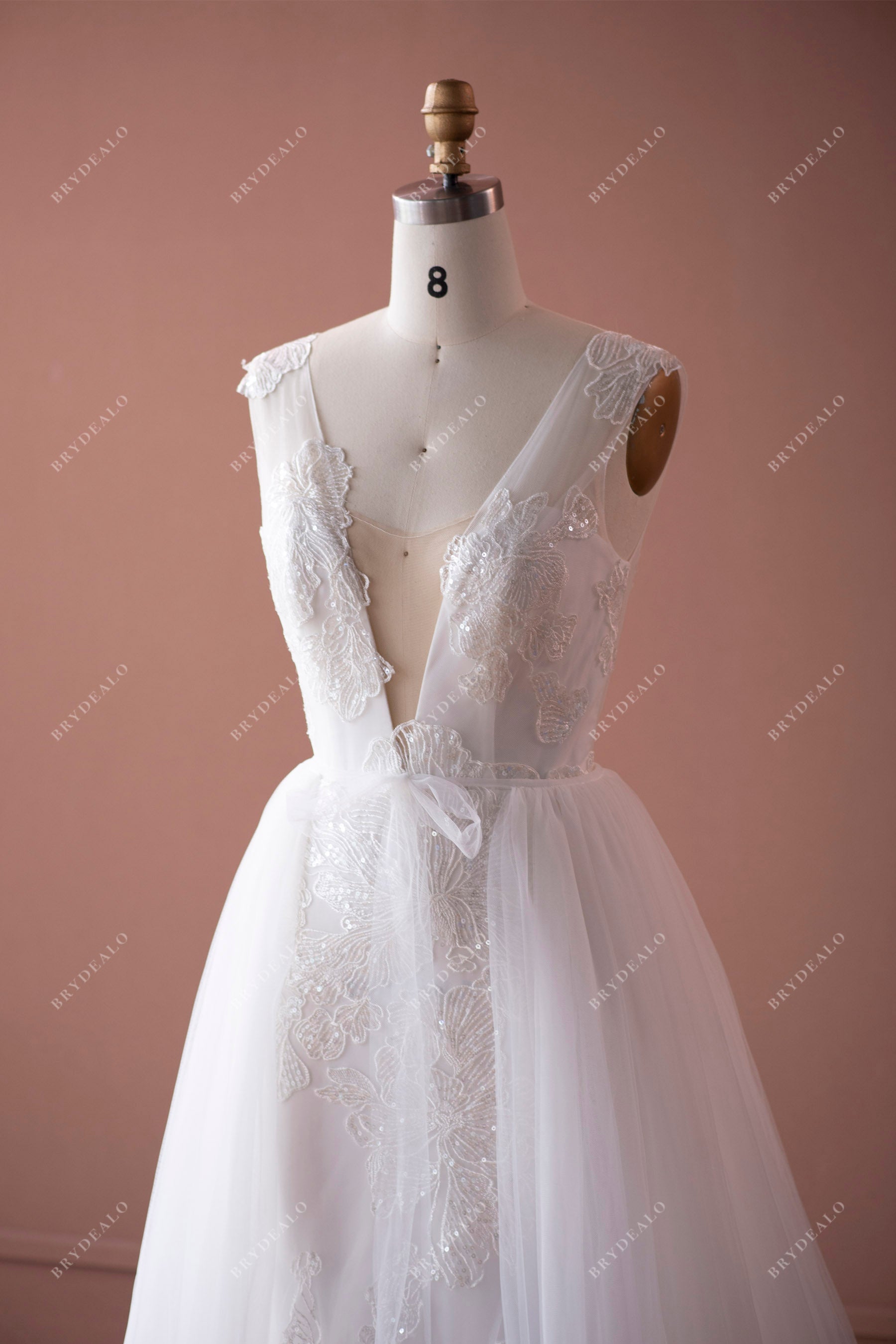 Light Ivory Lace Plunging Bridal Gown with Detachable Overskirt