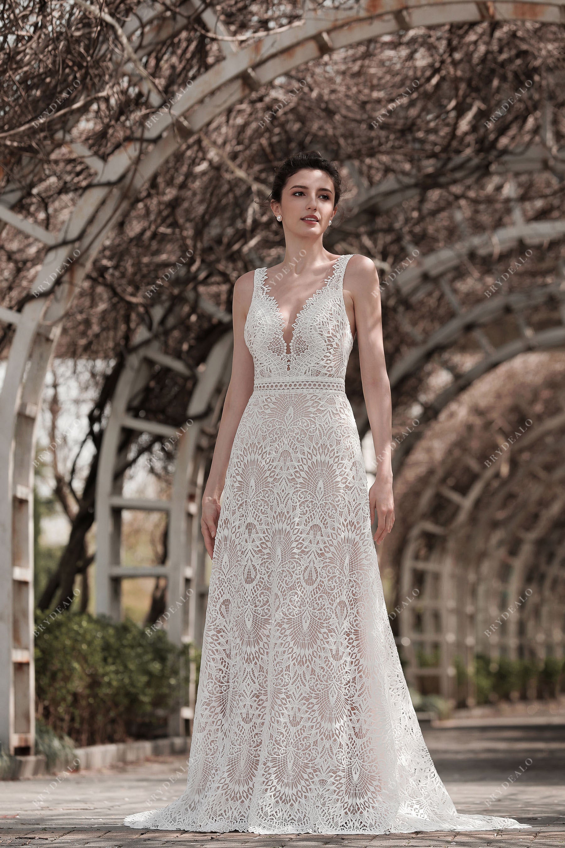 sleeveless lace fit and flare bridal gown 
