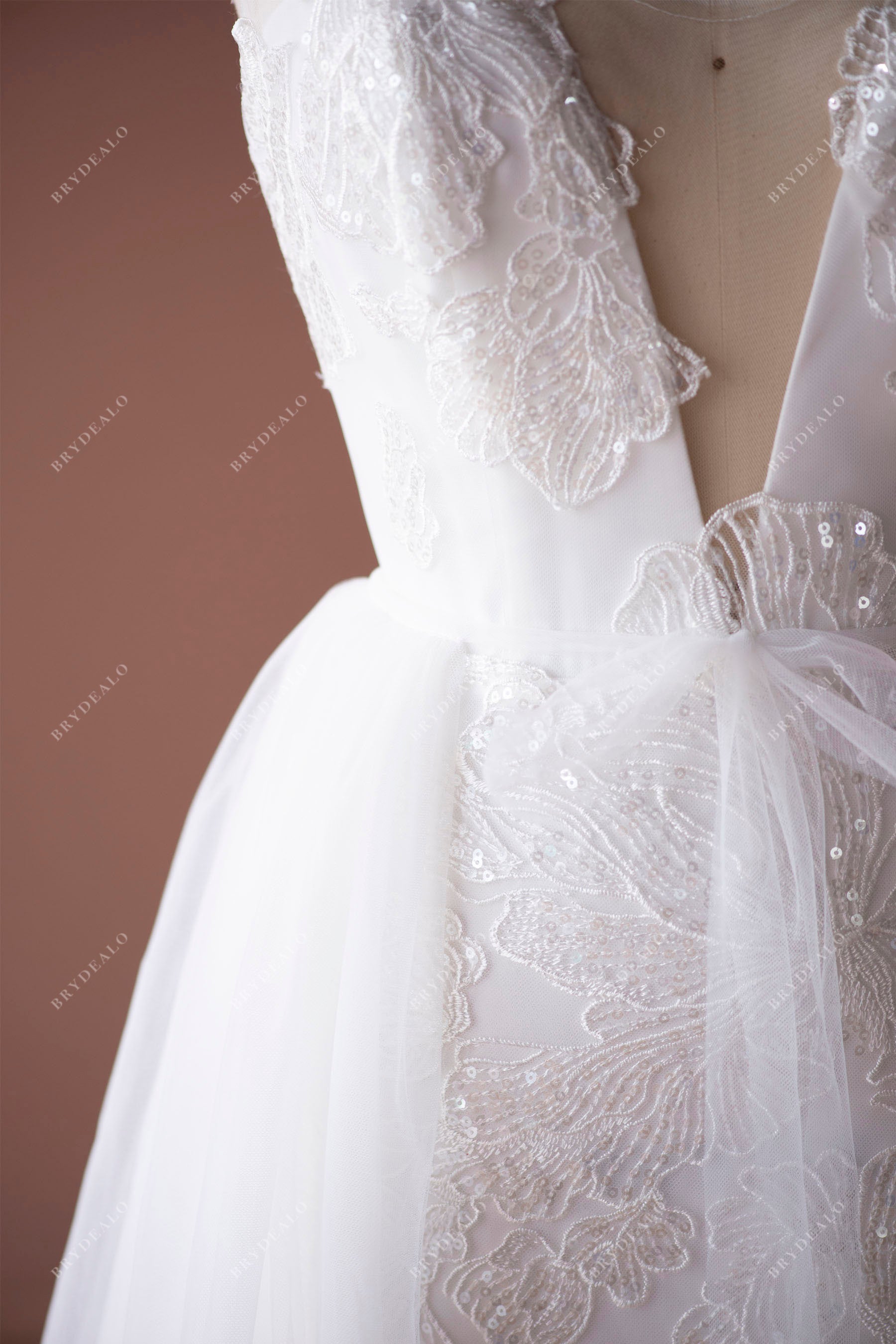 Light Ivory Lace Plunging Bridal Gown with Overskirt