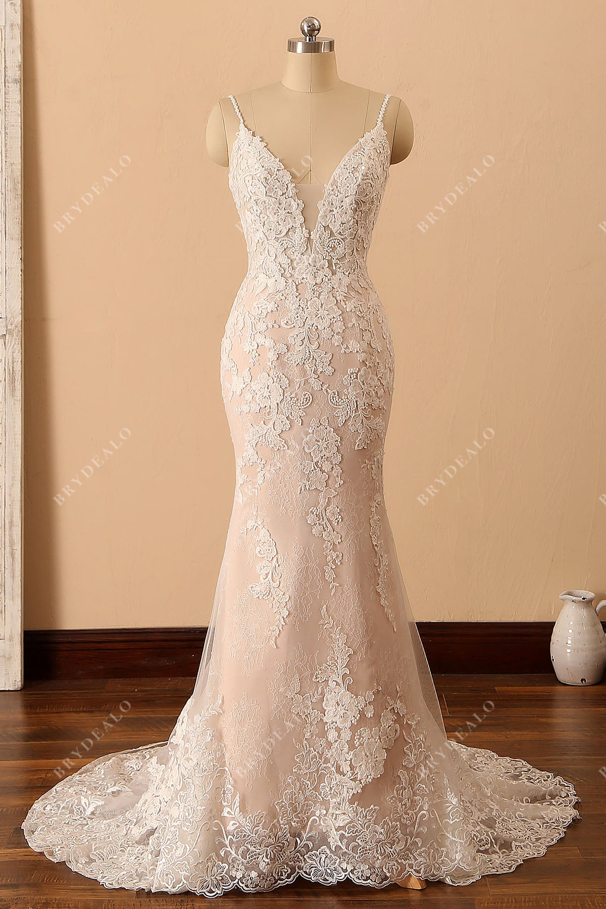 plunging neck lace pearl pink mermaid bridal gown
