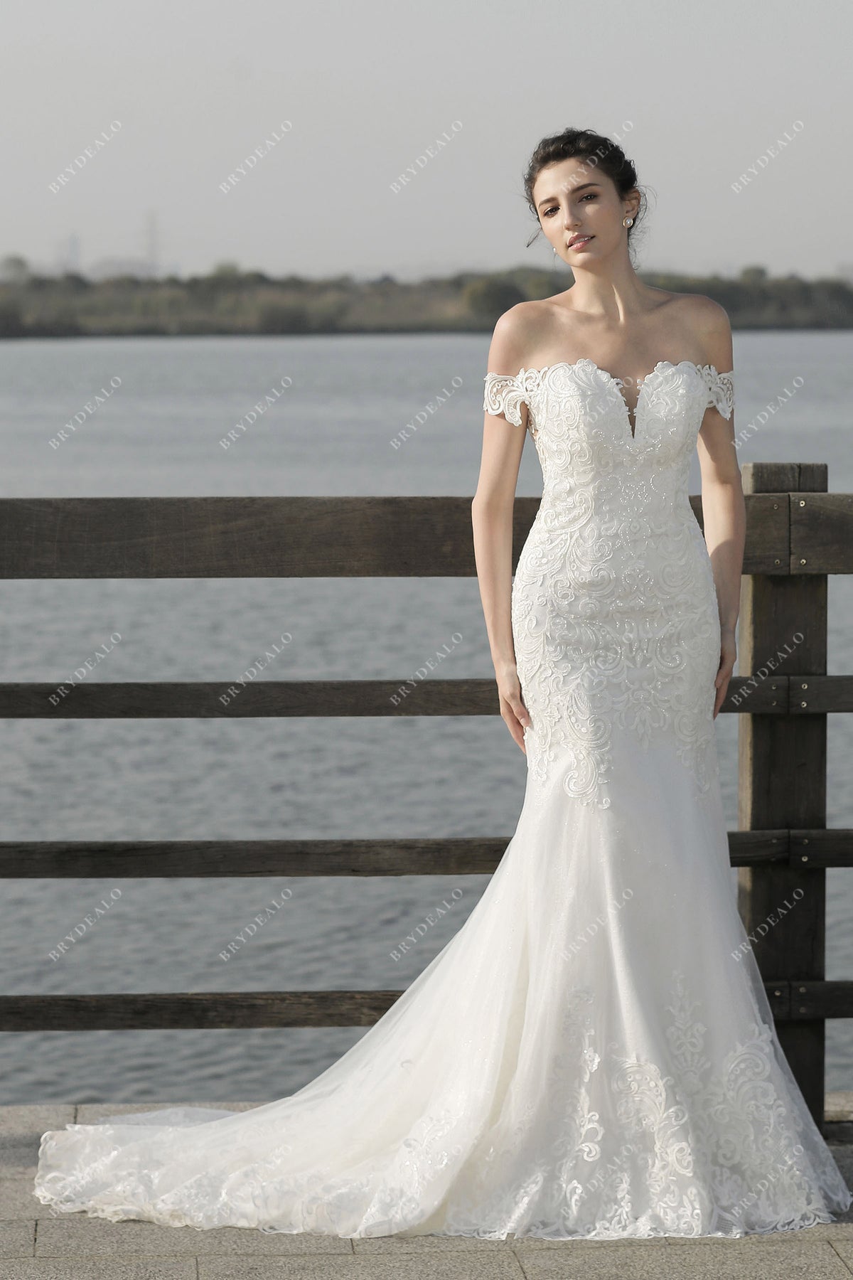 Elegant Off Shoulder Mermaid White Lace Long Prom Wedding Dresses,DS4502