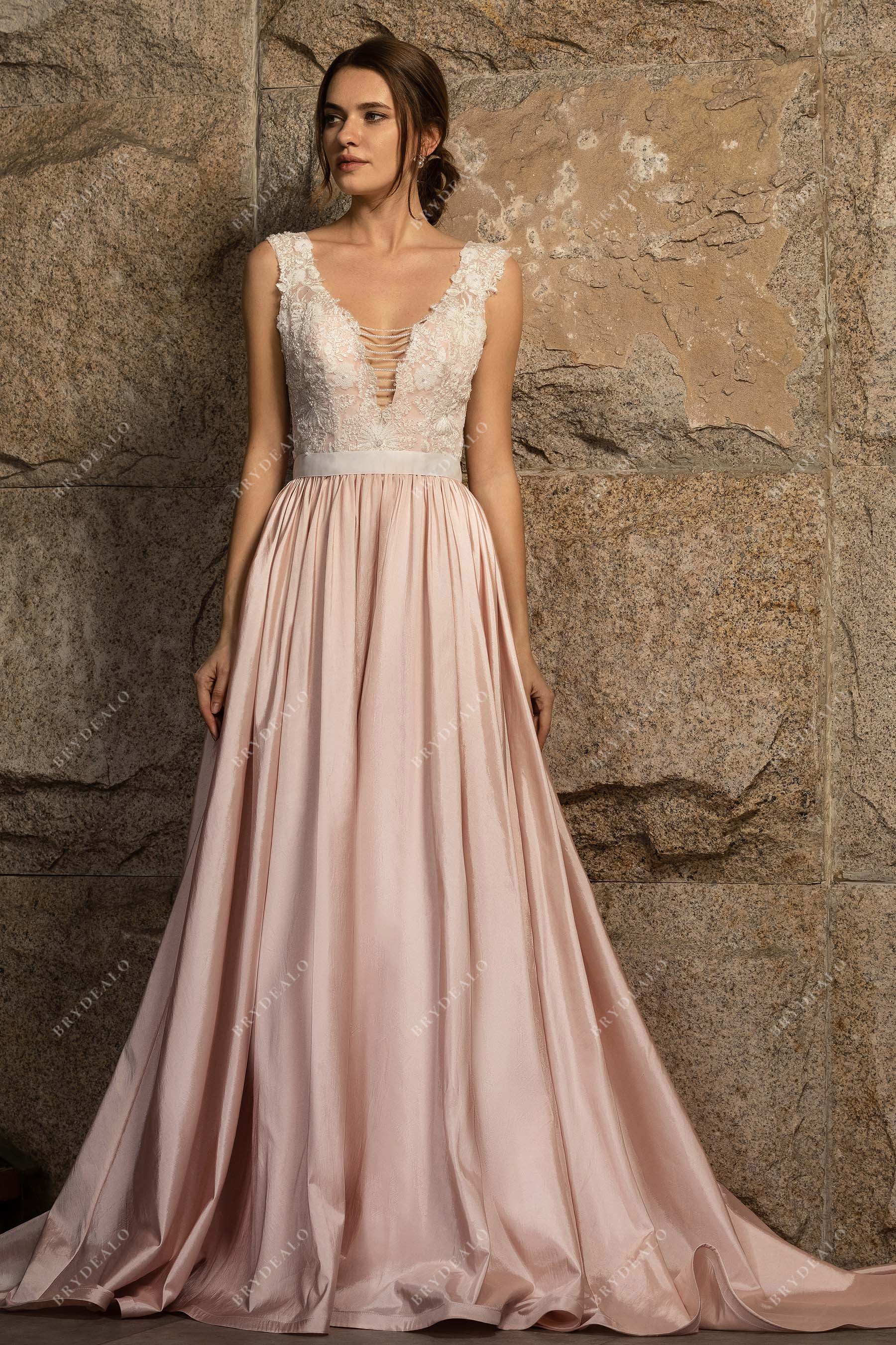 plunging V-neck ivory lace pink taffeta wedding gown